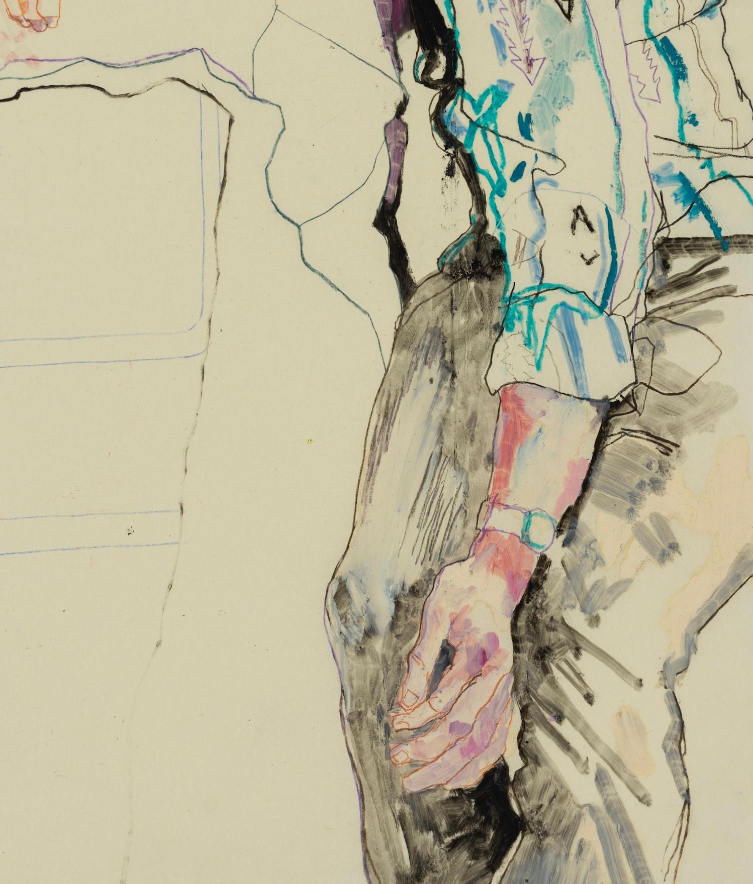 Oscar (Sitting, Head on Chair), Mixed media on Pergamenata parchment - Contemporary Painting by Howard Tangye