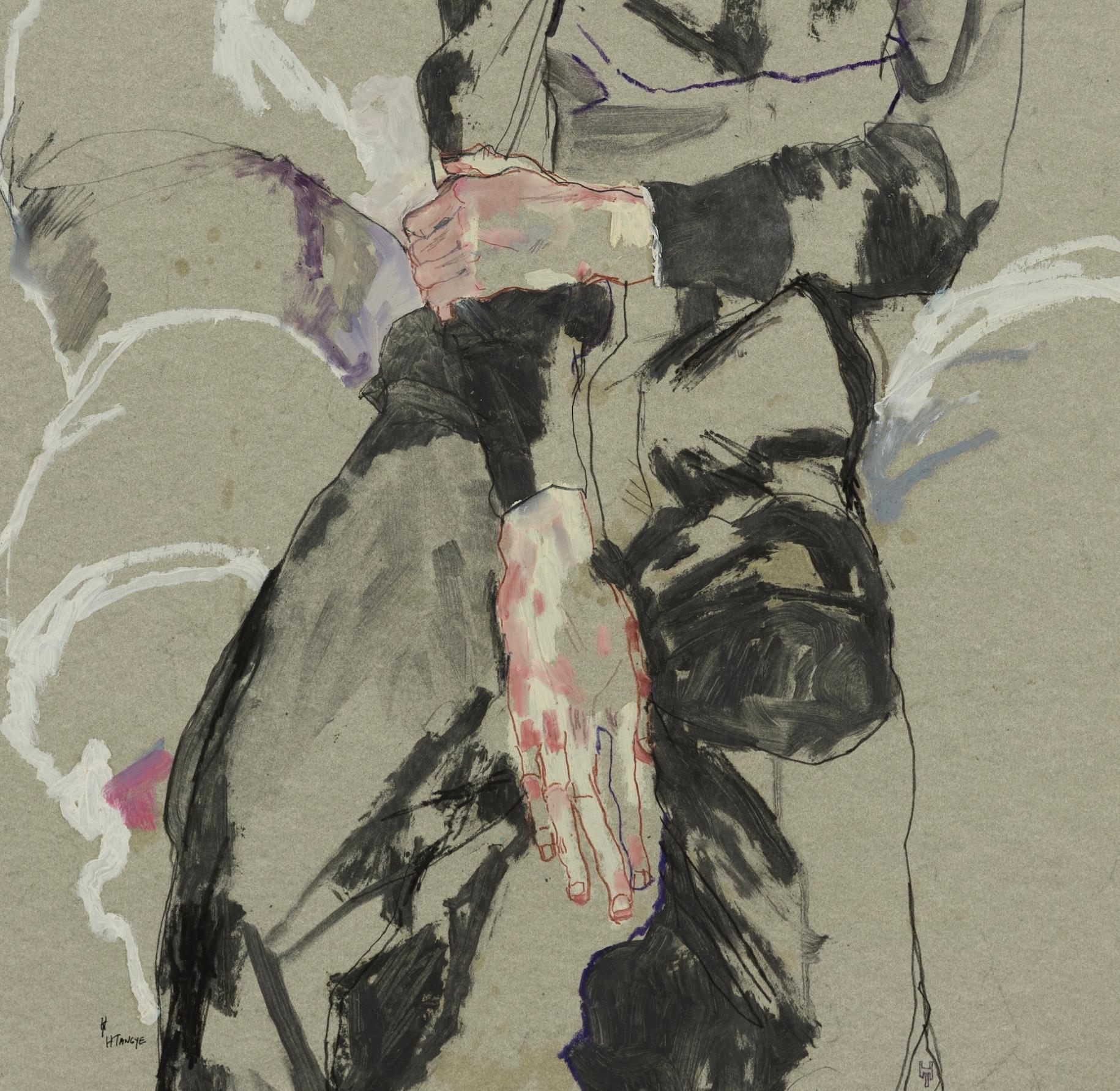 Lee Roach (Sitting), Mixed media on grey parchment  - Contemporary Painting by Howard Tangye