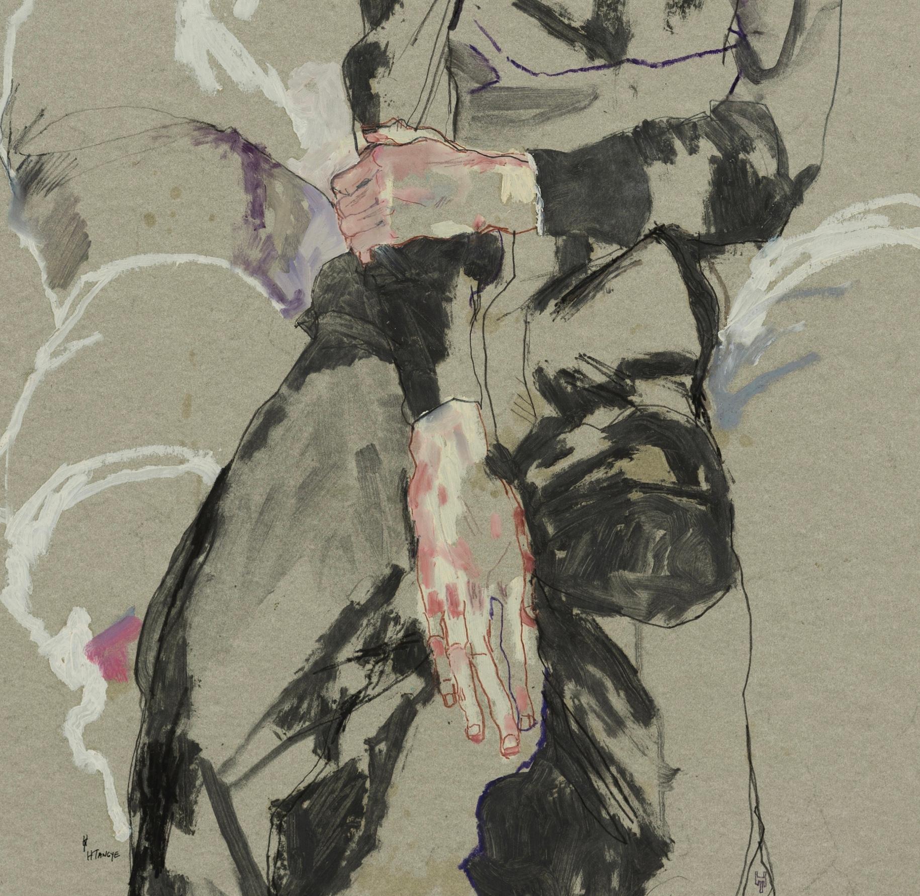 Lee Roach (Sitting), Mixed media on grey parchment - Contemporary Painting by Howard Tangye
