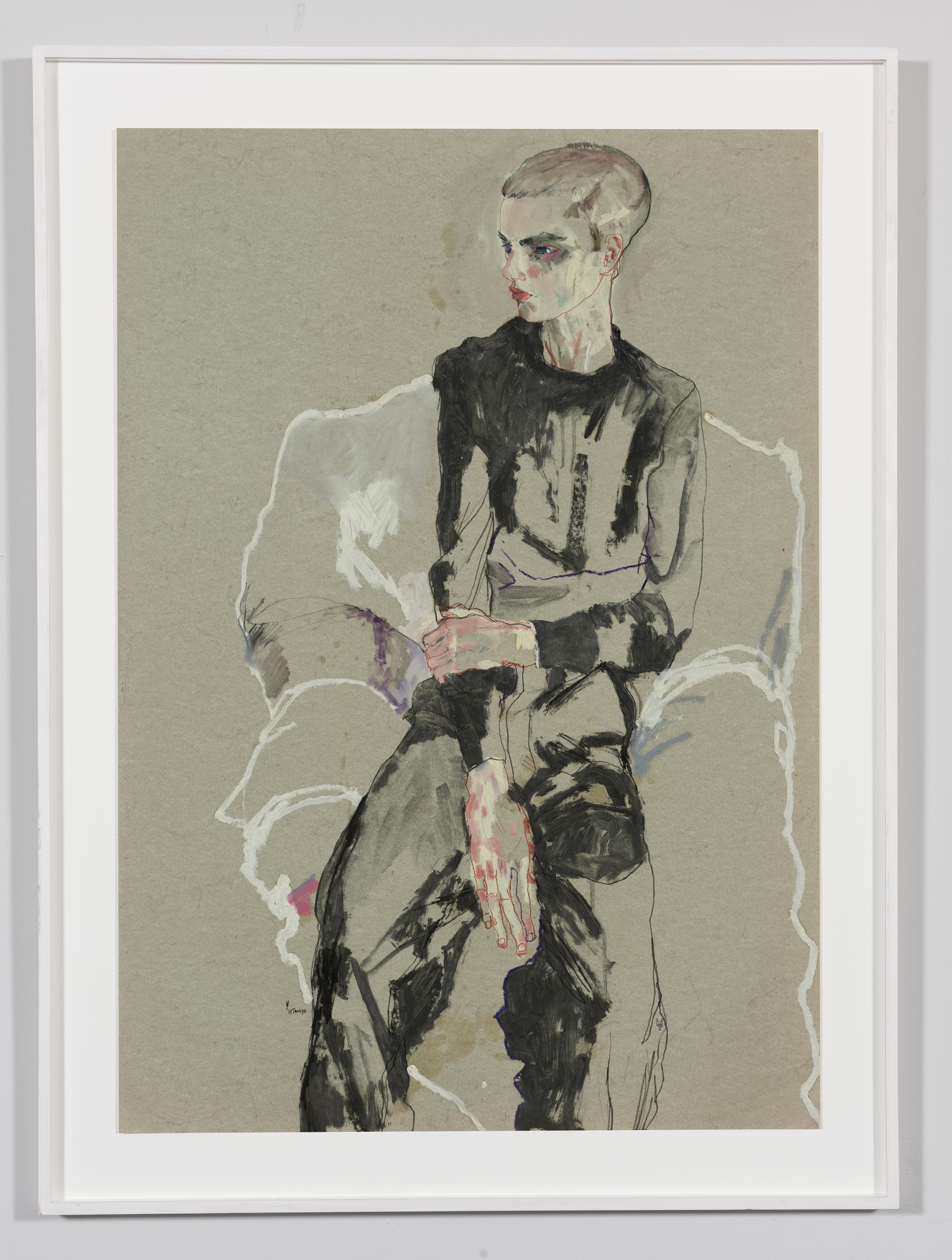 Lee Roach (Sitting), Mixed media on grey parchment  - Art by Howard Tangye