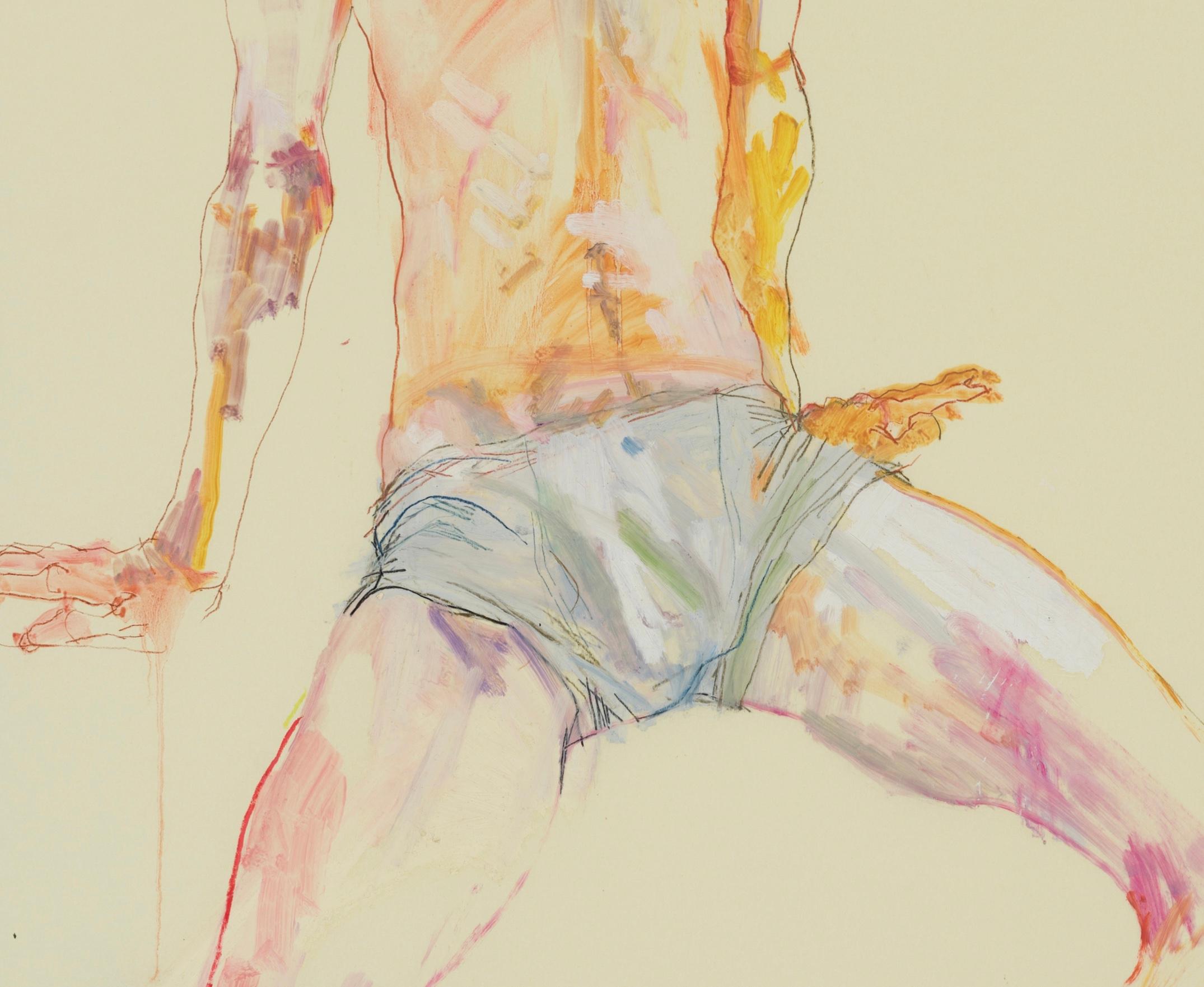 Andrew (Sitting, 3/4 Figure - Blue Shorts), Mixed media on Pergamenata parchment - Contemporary Painting by Howard Tangye