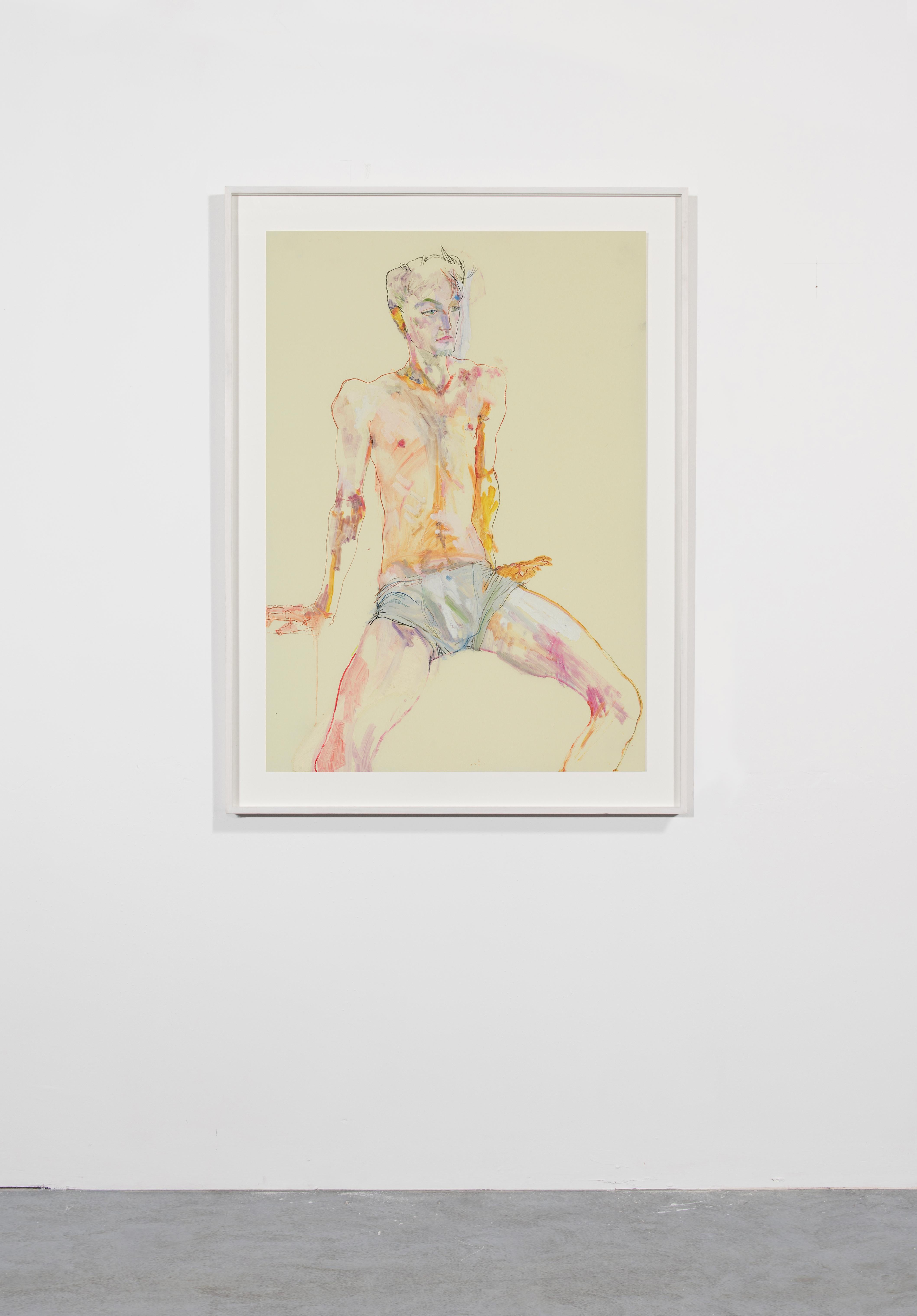 Andrew (Sitting, 3/4 Figure - Blue Shorts), Mixed media on Pergamenata parchment - Contemporary Painting by Howard Tangye