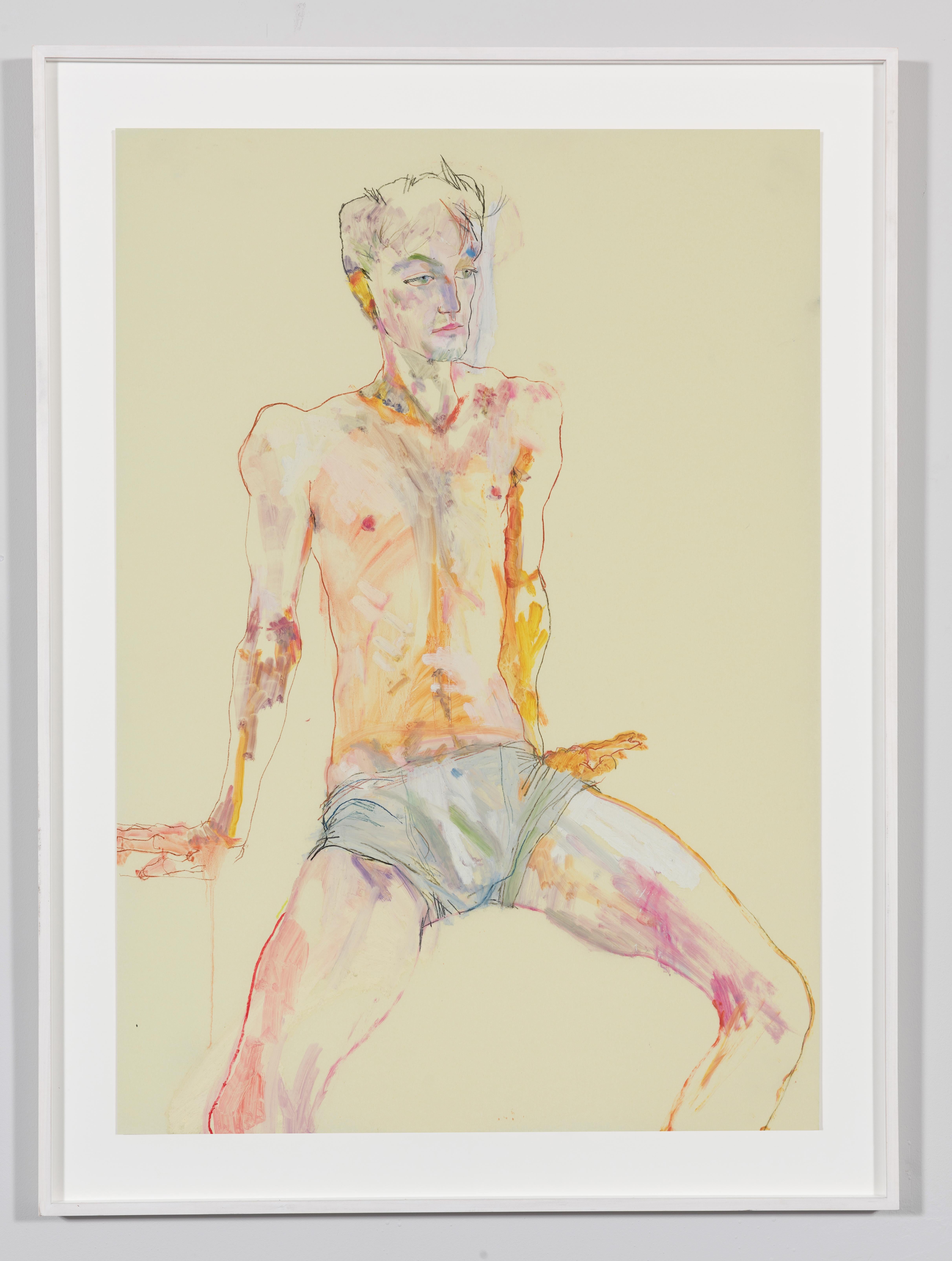 Andrew (Sitting, 3/4 Figure - Blue Shorts), Mixed media on Pergamenata parchment - Painting by Howard Tangye