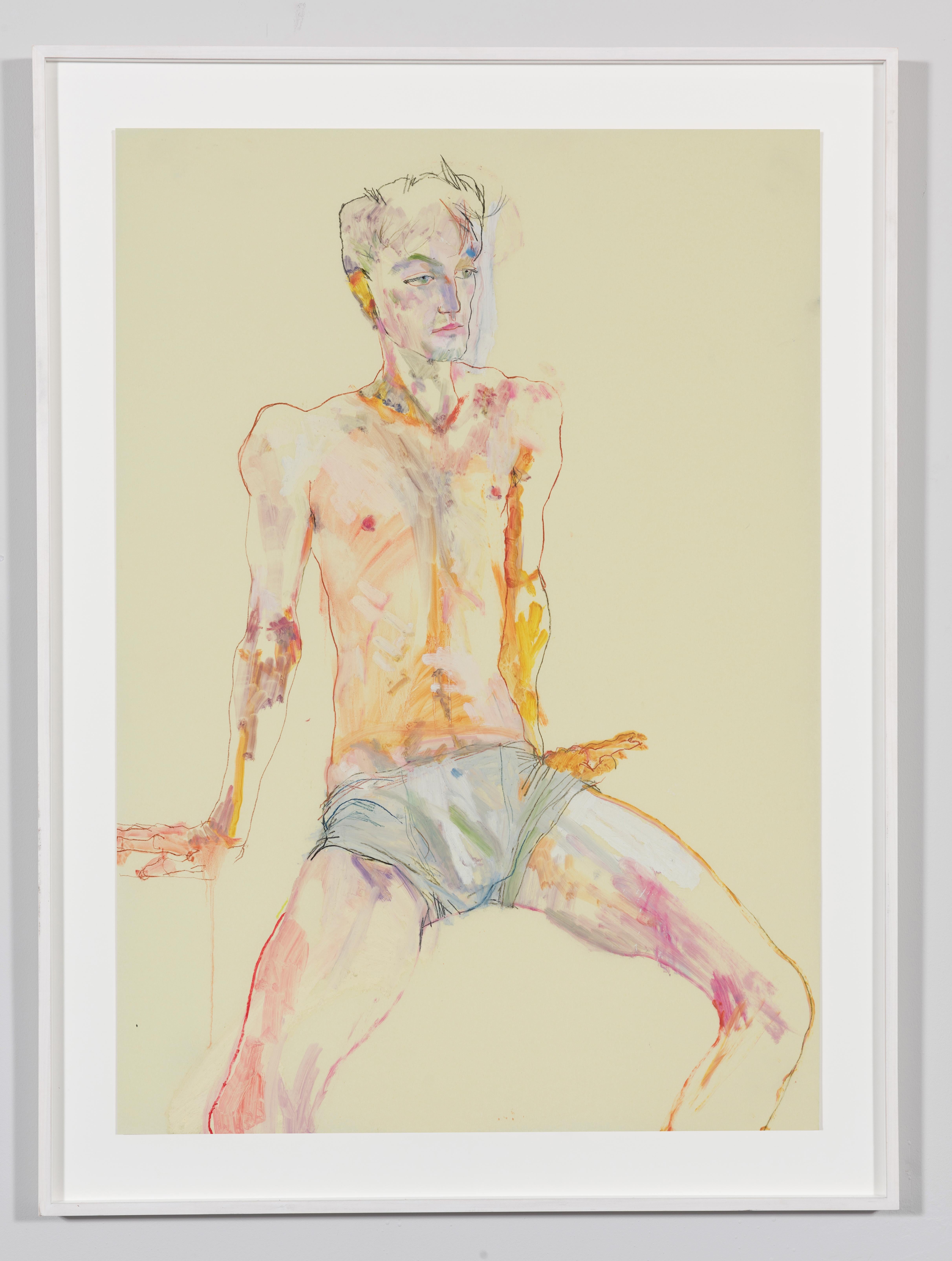 Andrew (assise, 3/4 figure - Short bleu, techniques mixtes sur parchemin Pergamenata - Painting de Howard Tangye