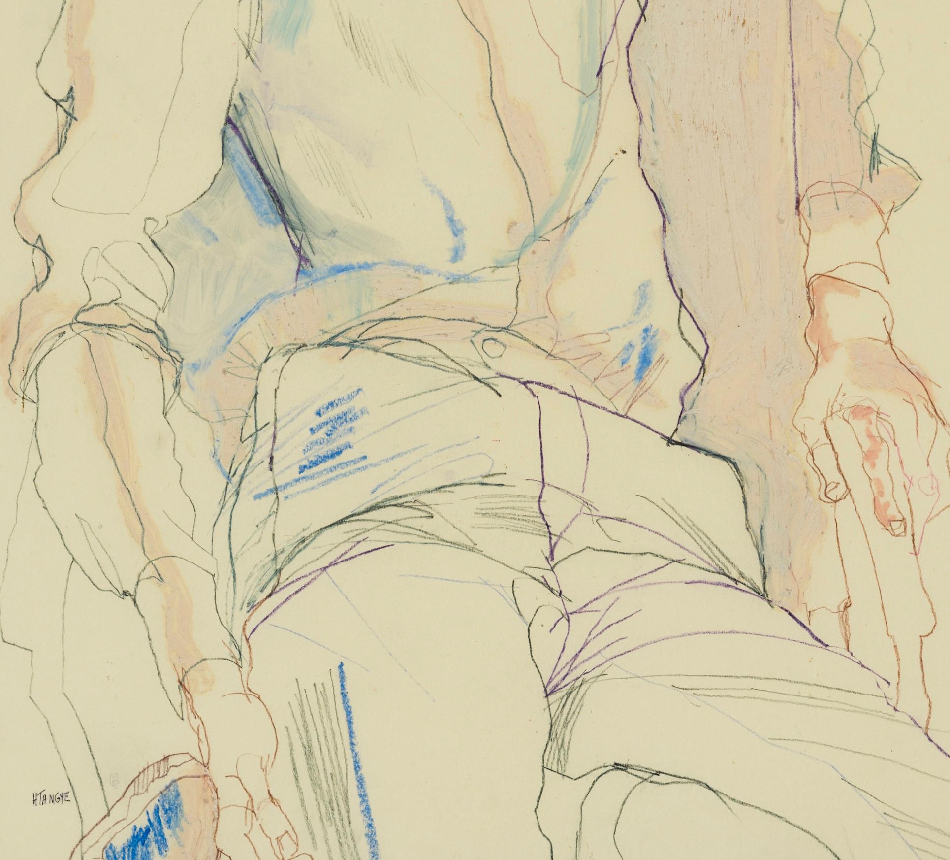 Stuart (Sitting, Arms Draped), Mixed media on Pergamenata parchment - Contemporary Painting by Howard Tangye
