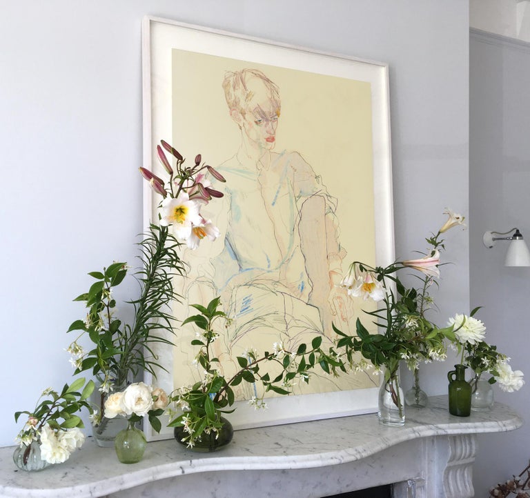 Stuart (Sitting, Arms Draped), Mixed media on Pergamenata parchment - Beige Figurative Painting by Howard Tangye