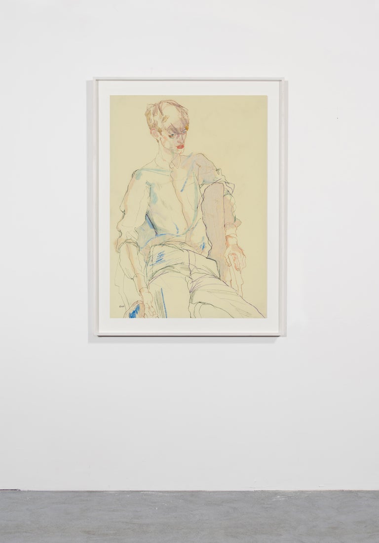 Stuart (Sitting, Arms Draped), Mixed media on Pergamenata parchment - Contemporary Painting by Howard Tangye