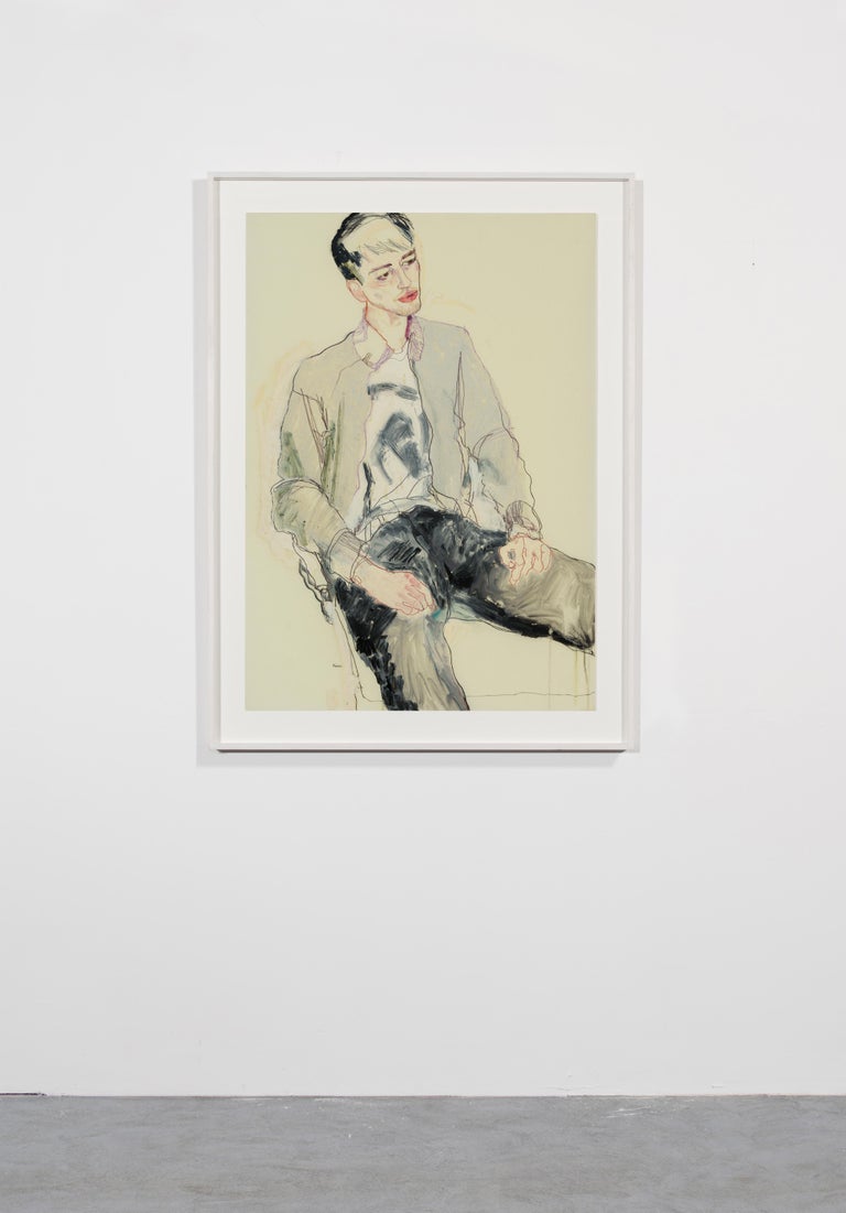 George (Sitting - Black, White and Grey), Mixed media on Pergamenata parchment - Contemporary Painting by Howard Tangye