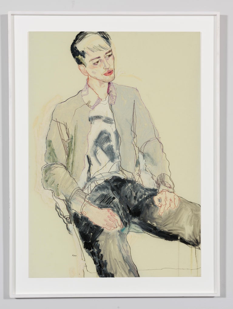 George (Sitting - Black, White and Grey), Mixed media on Pergamenata parchment - Painting by Howard Tangye
