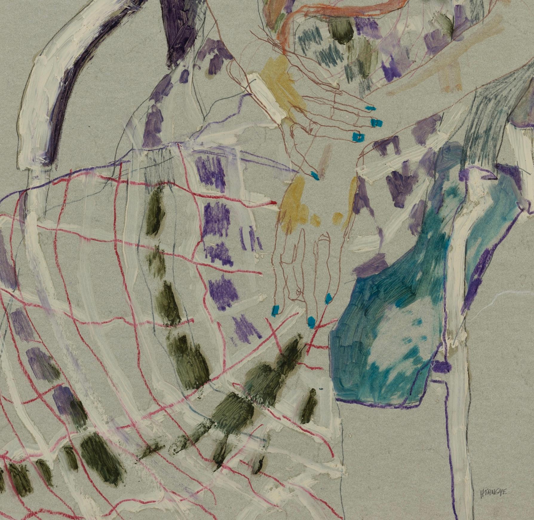Moira C. (Sitting - Long Red Hair), Mixed media on grey parchment - Contemporary Art by Howard Tangye