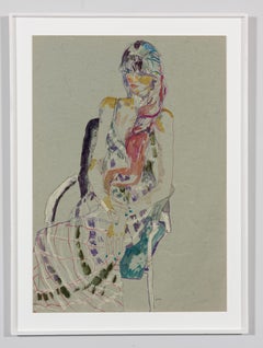 Moira C. (Sitting - Long Red Hair), Mixed media on grey parchment