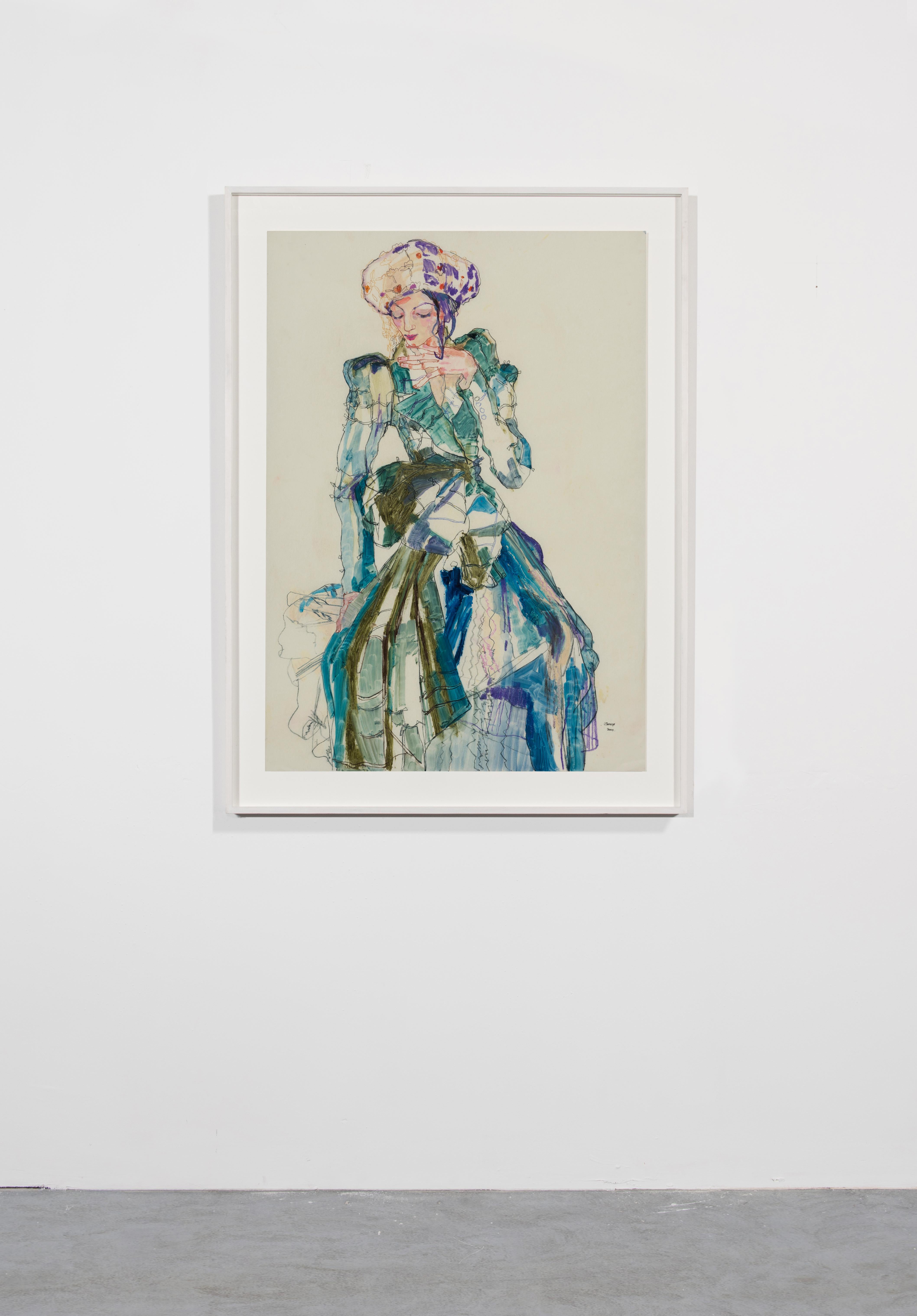 Elodie (Standing - Galliano, Paris), Mixed media on Pergamenata parchment - Contemporary Art by Howard Tangye