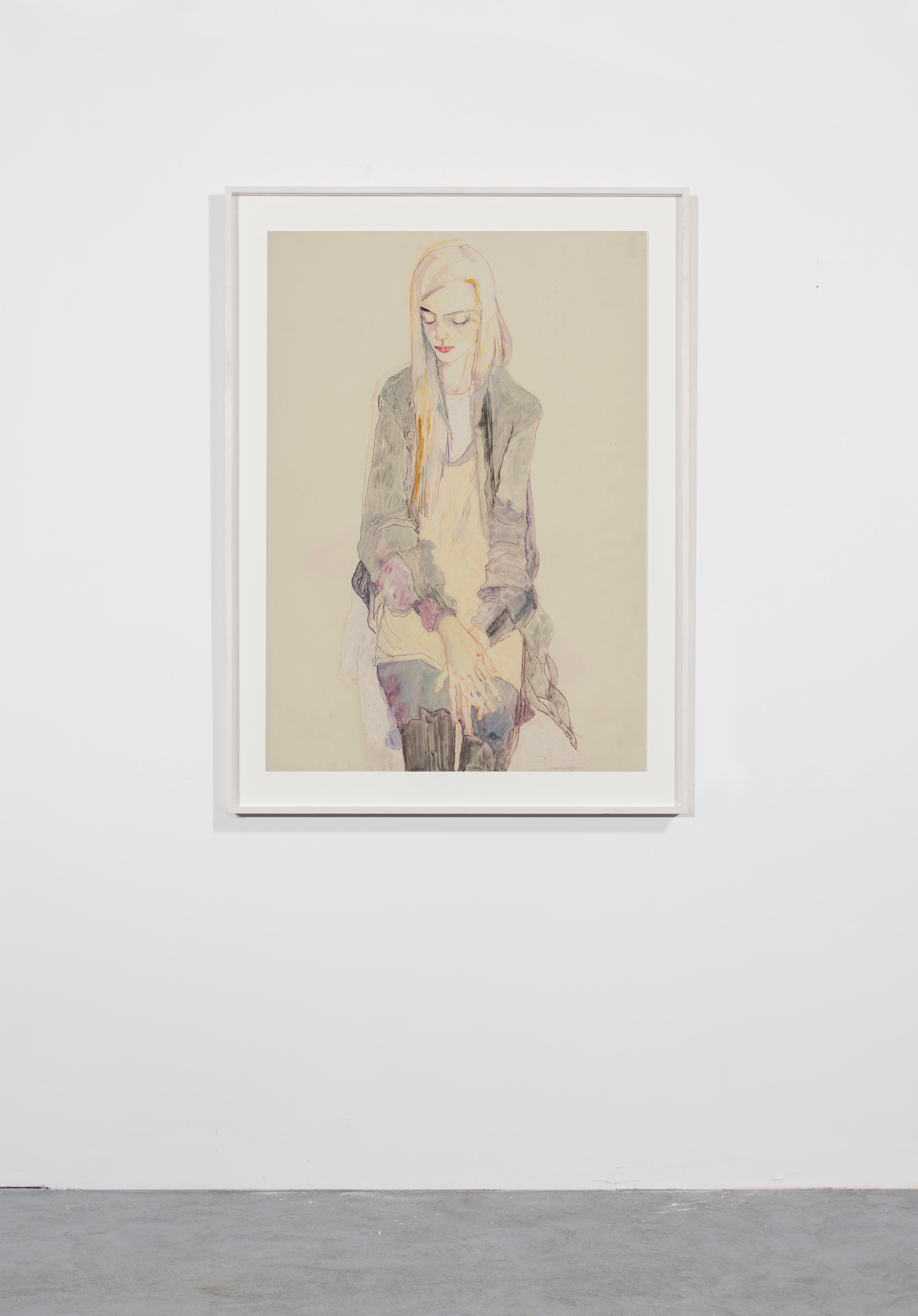 Elodie (Sitting, Looking Down), Mixed media on Pergamenata parchment - Contemporary Art by Howard Tangye