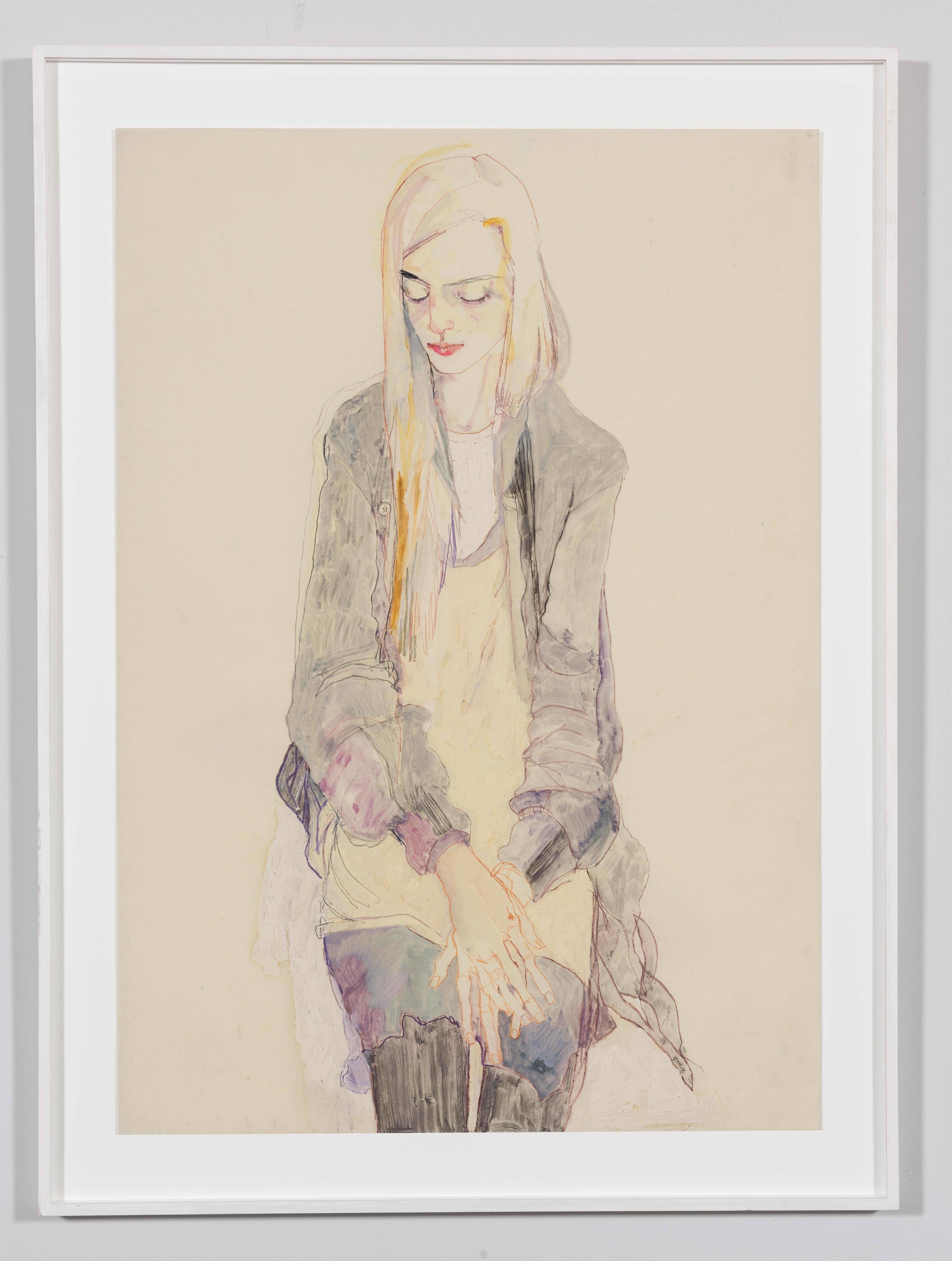 Elodie (Sitting, Looking Down), Mixed media on Pergamenata parchment - Art by Howard Tangye