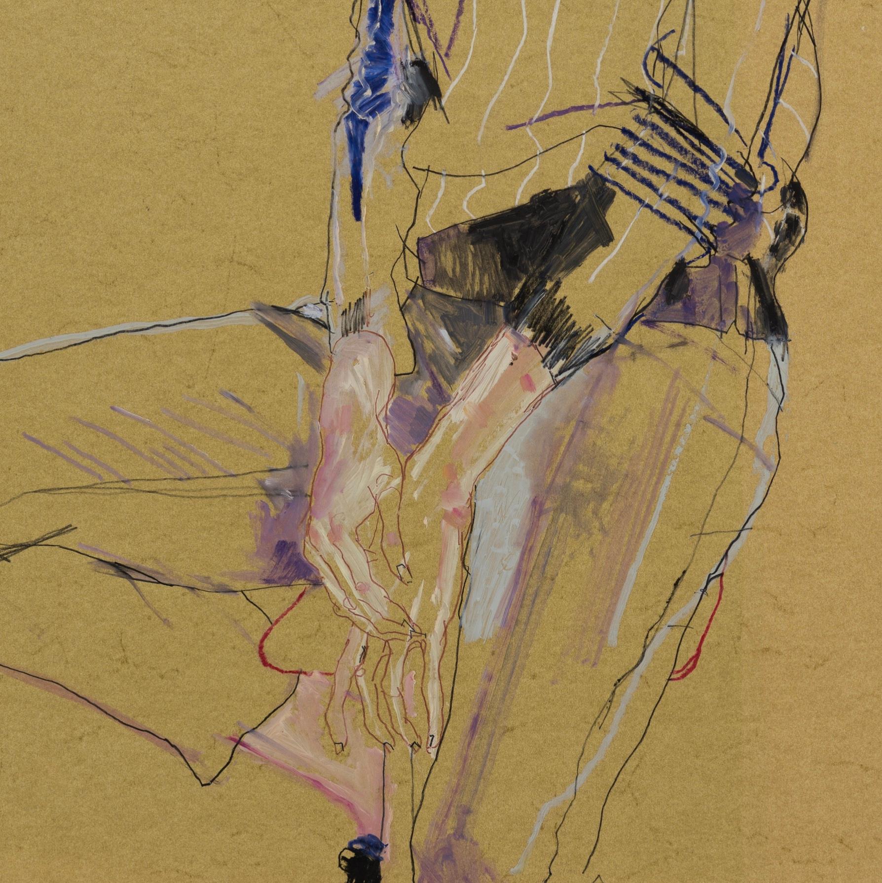 Adeline de M. (Sitting), Mixed media on ochre paper - Brown Portrait Painting by Howard Tangye