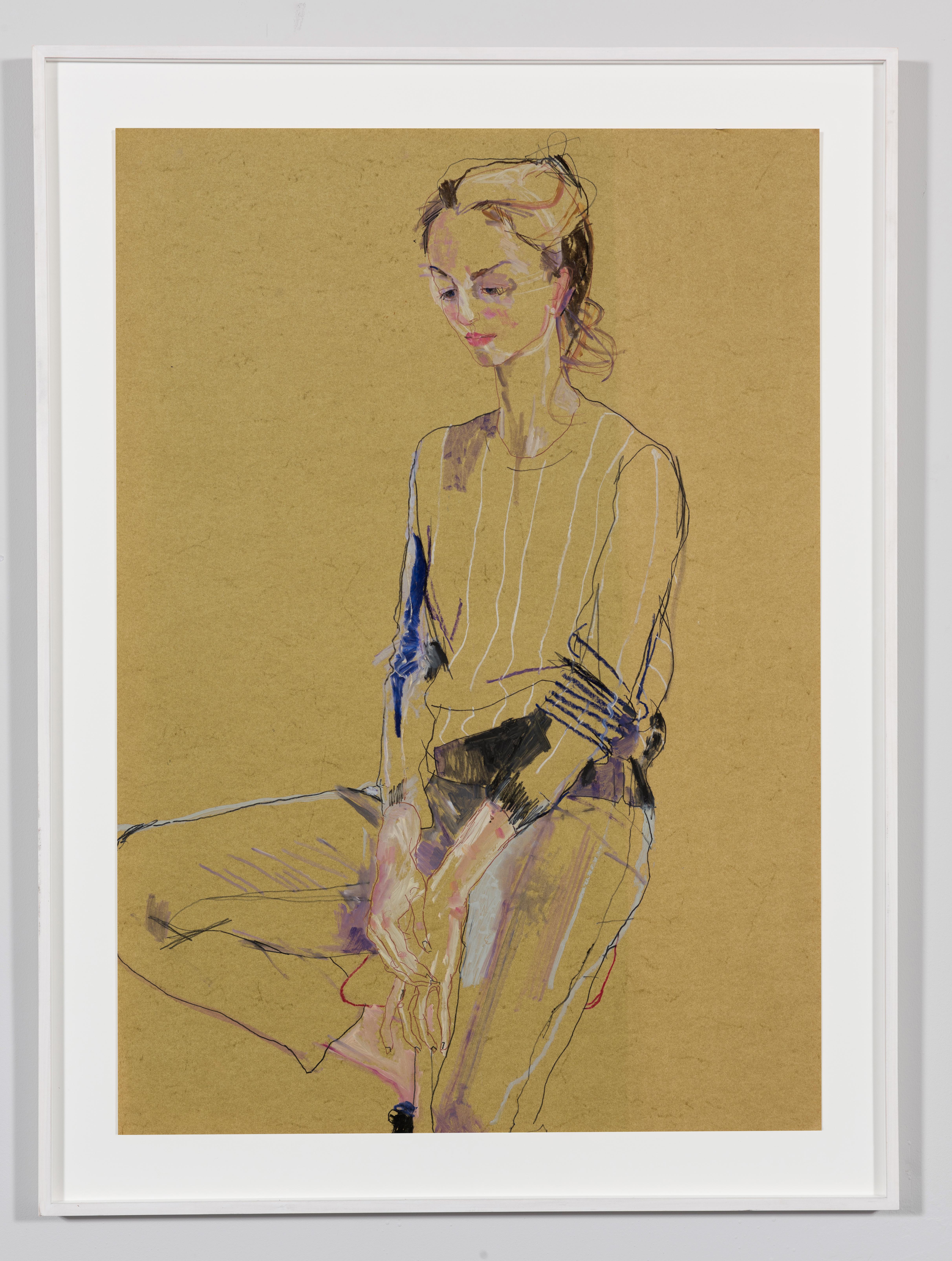 Adeline de M. (Sitting), Mixed media on ochre paper - Painting by Howard Tangye