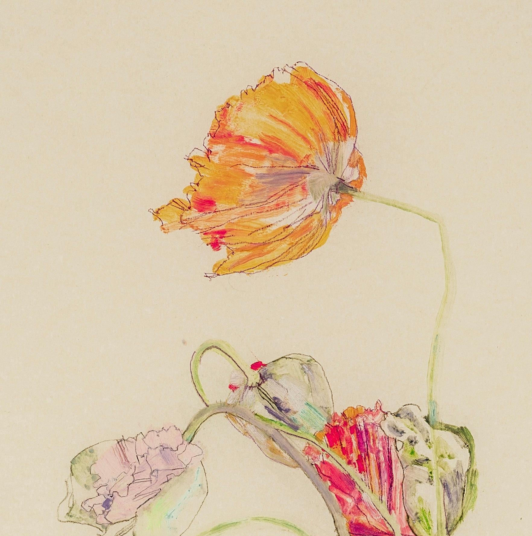 Poppies & Tulips, Mixed media on Pergamenata parchment - Beige Still-Life by Howard Tangye