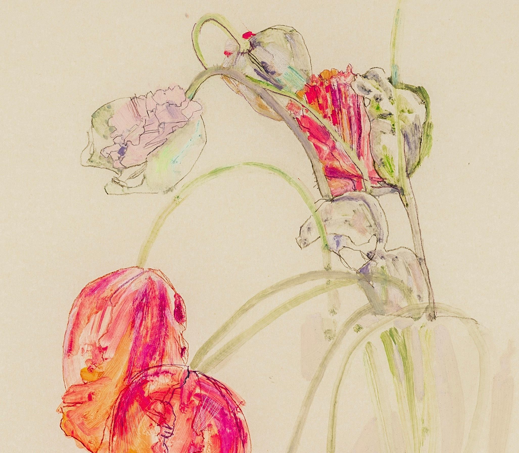 Poppies & Tulips, Mixed media on Pergamenata parchment - Contemporary Art by Howard Tangye