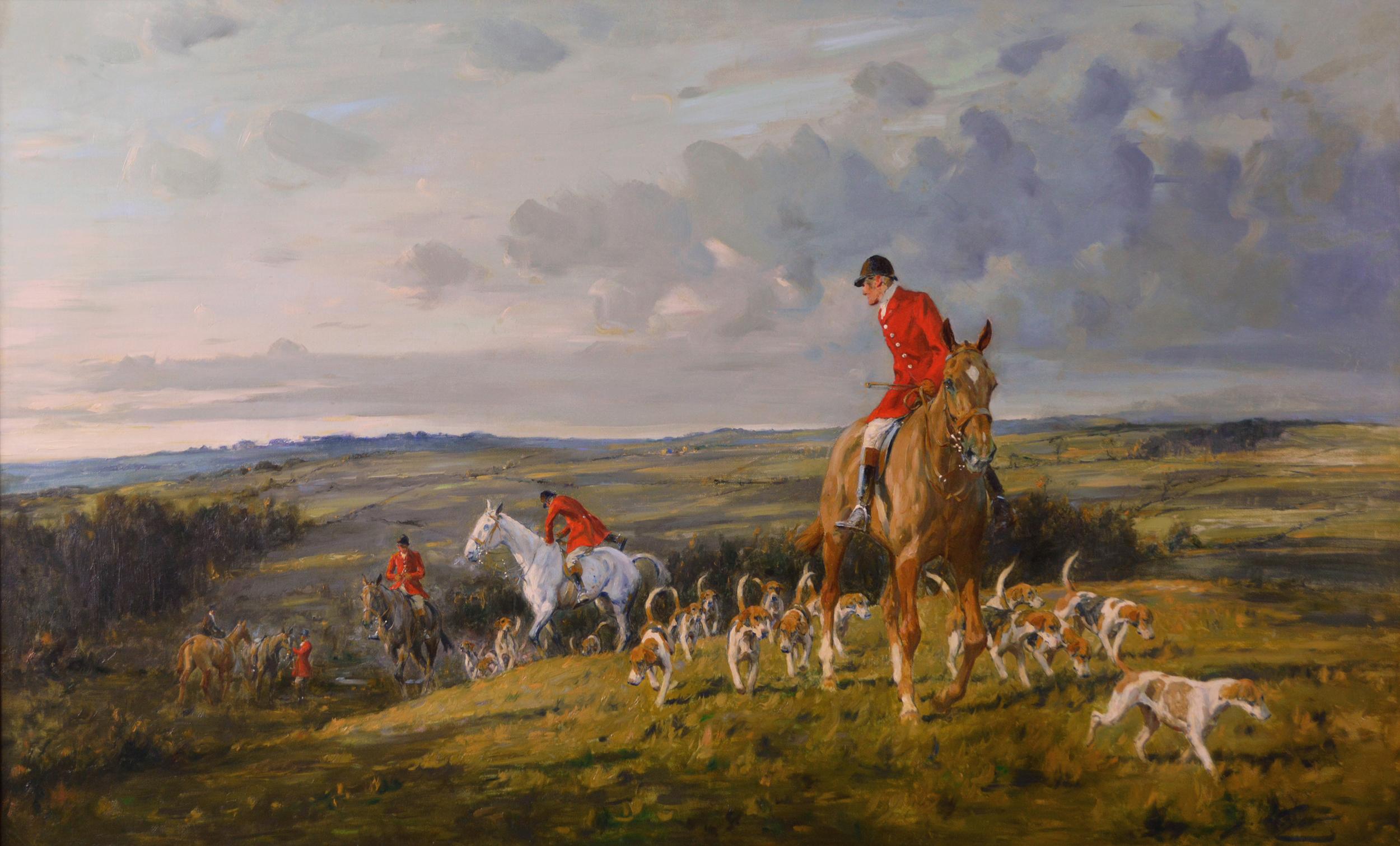 Hunting oil painting of horses with hounds - Painting by George Wright 