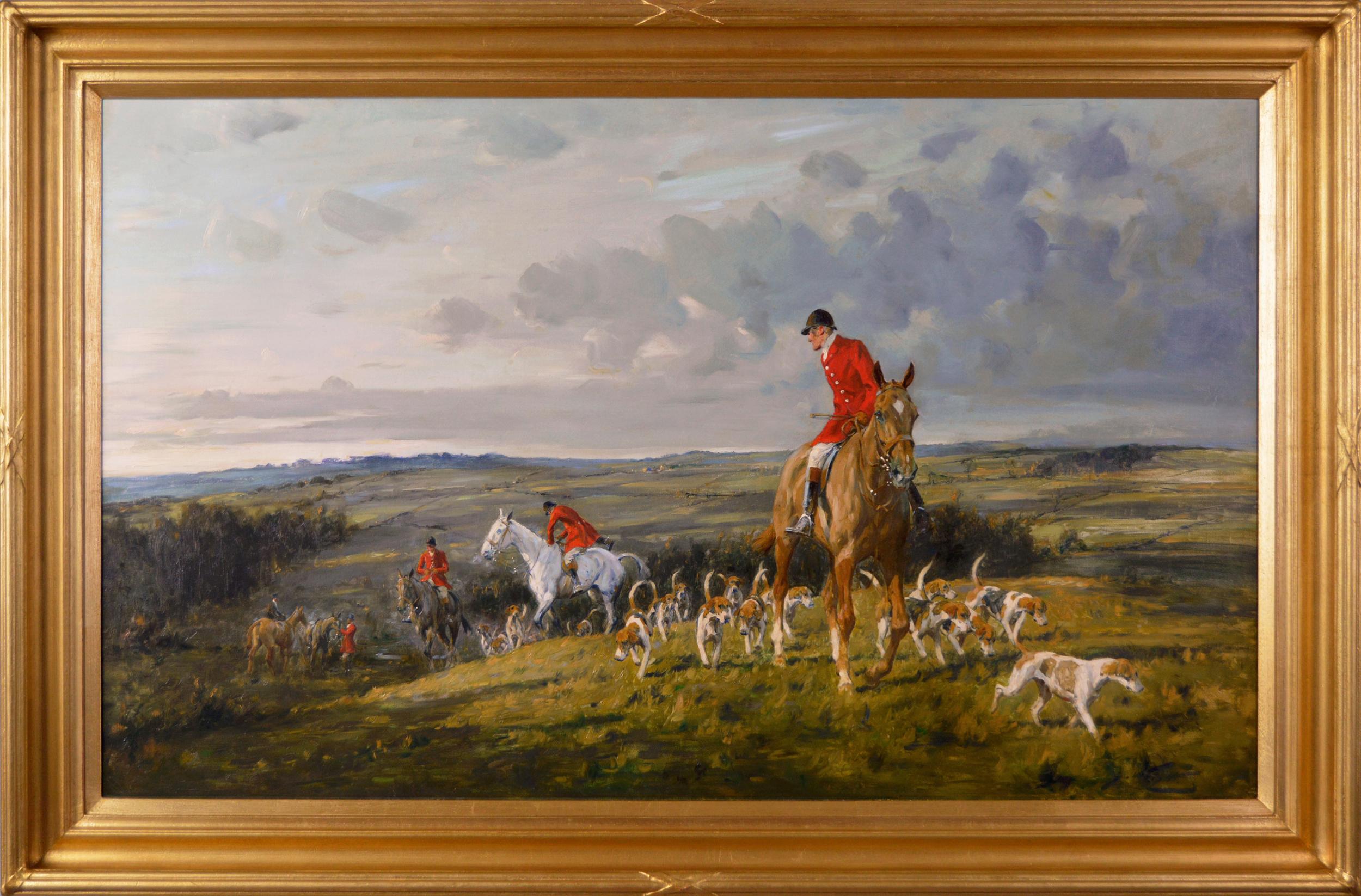 George Wright  Landscape Painting - Hunting oil painting of horses with hounds