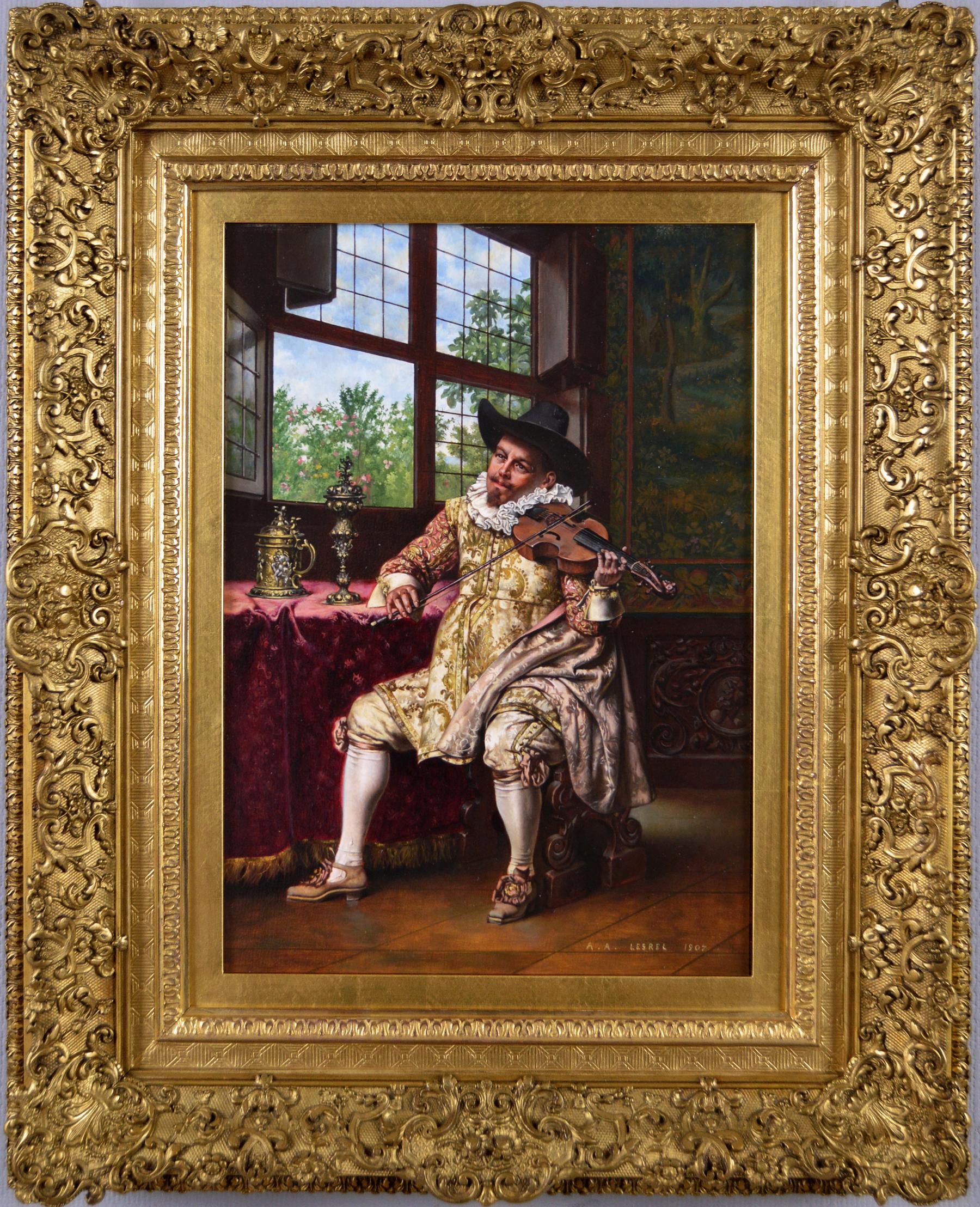 Adolphe-Alexandre Lesrel Figurative Painting - 19th Century genre historical oil painting of a man playing a violin 