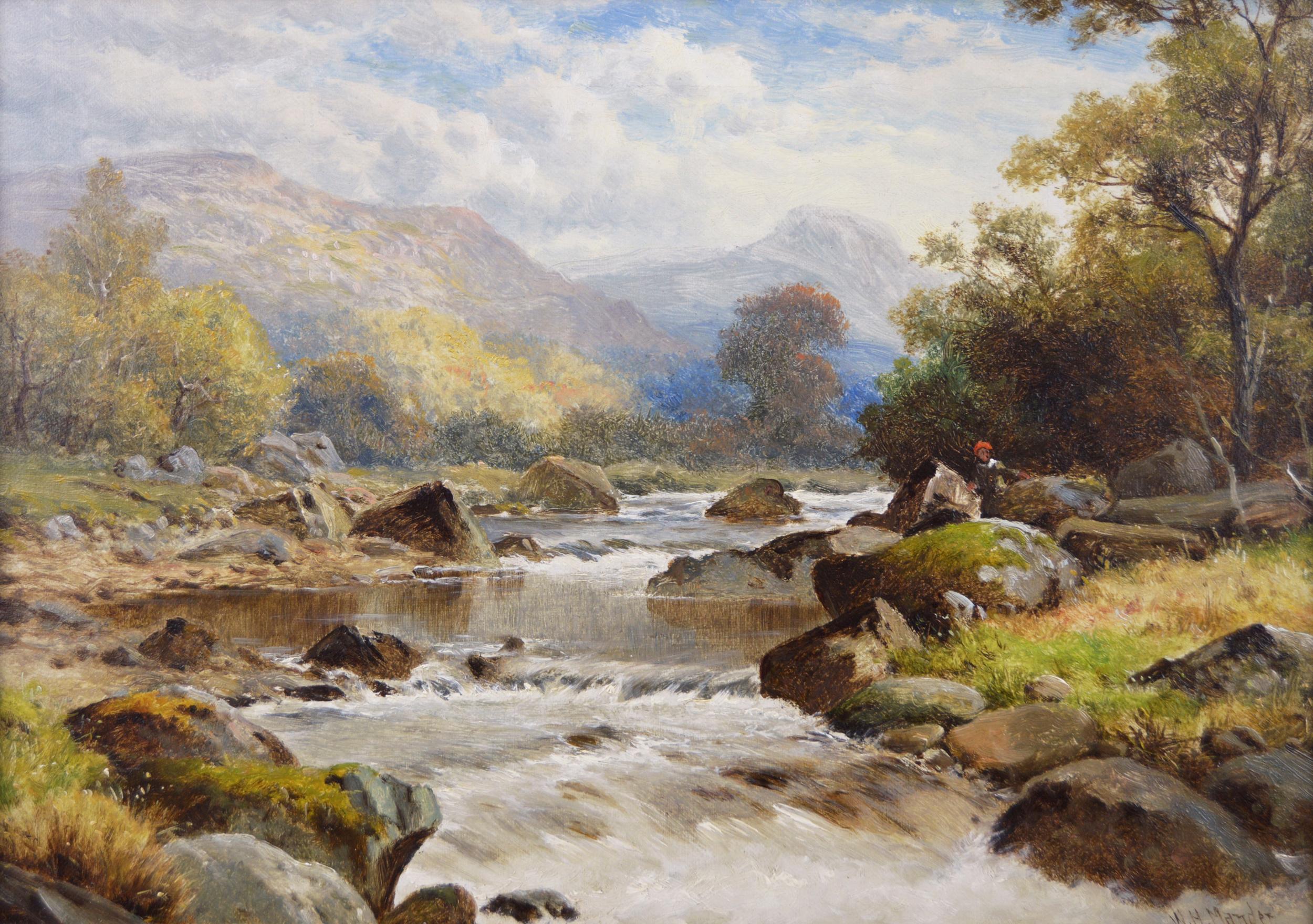 19th Century river landscape oil painting of North Wales - Painting by William Henry Mander