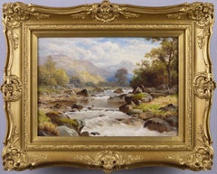 Peinture à l'huile du 19e siècle représentant un paysage fluvial du nord du Pays de Galles