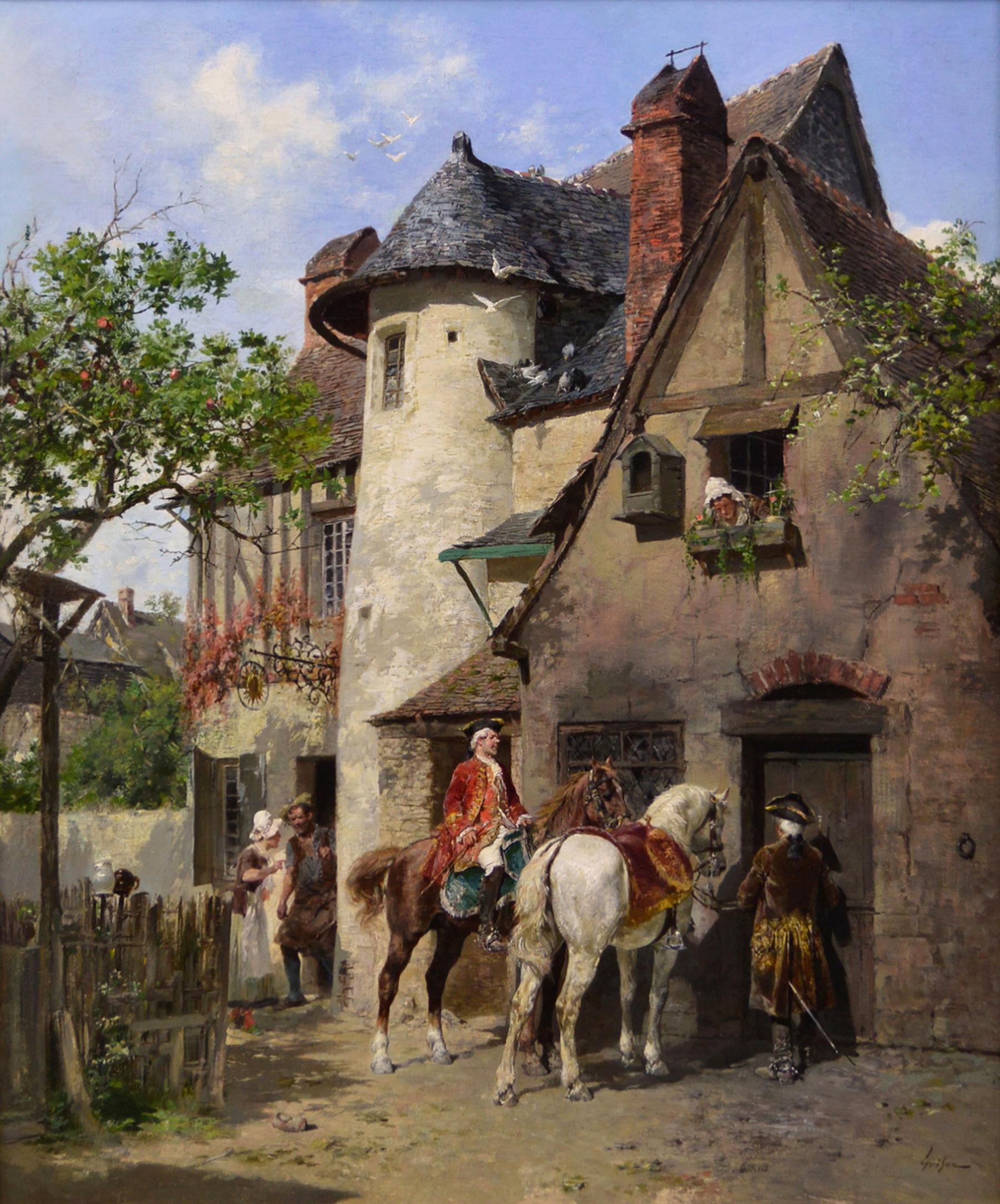 19th Century genre oil painting of two gentleman and horses by a country tavern - Painting by Francois Adolphe Grison