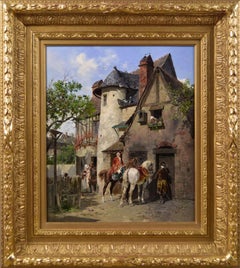 19th Century genre oil painting of two gentleman and horses by a country tavern