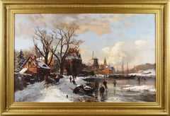 19th Century winter landscape oil painting of figures skating by a town