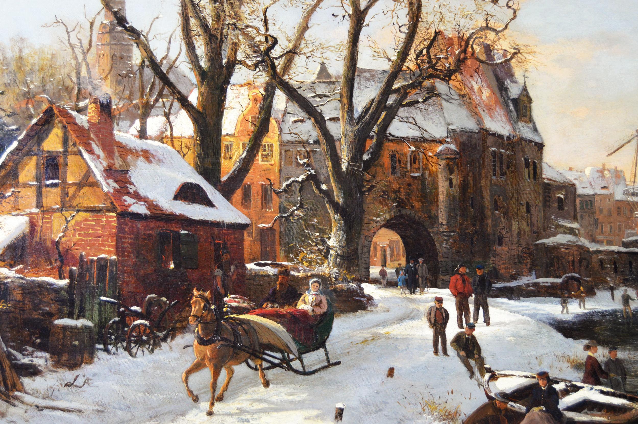 Winterlandschaft:: Ölgemälde aus dem 19. Jahrhundert:: Figuren beim Schlittschuhlaufen in einer Stadt (Viktorianisch), Painting, von Karl Paul Themistokles von Eckenbrecher