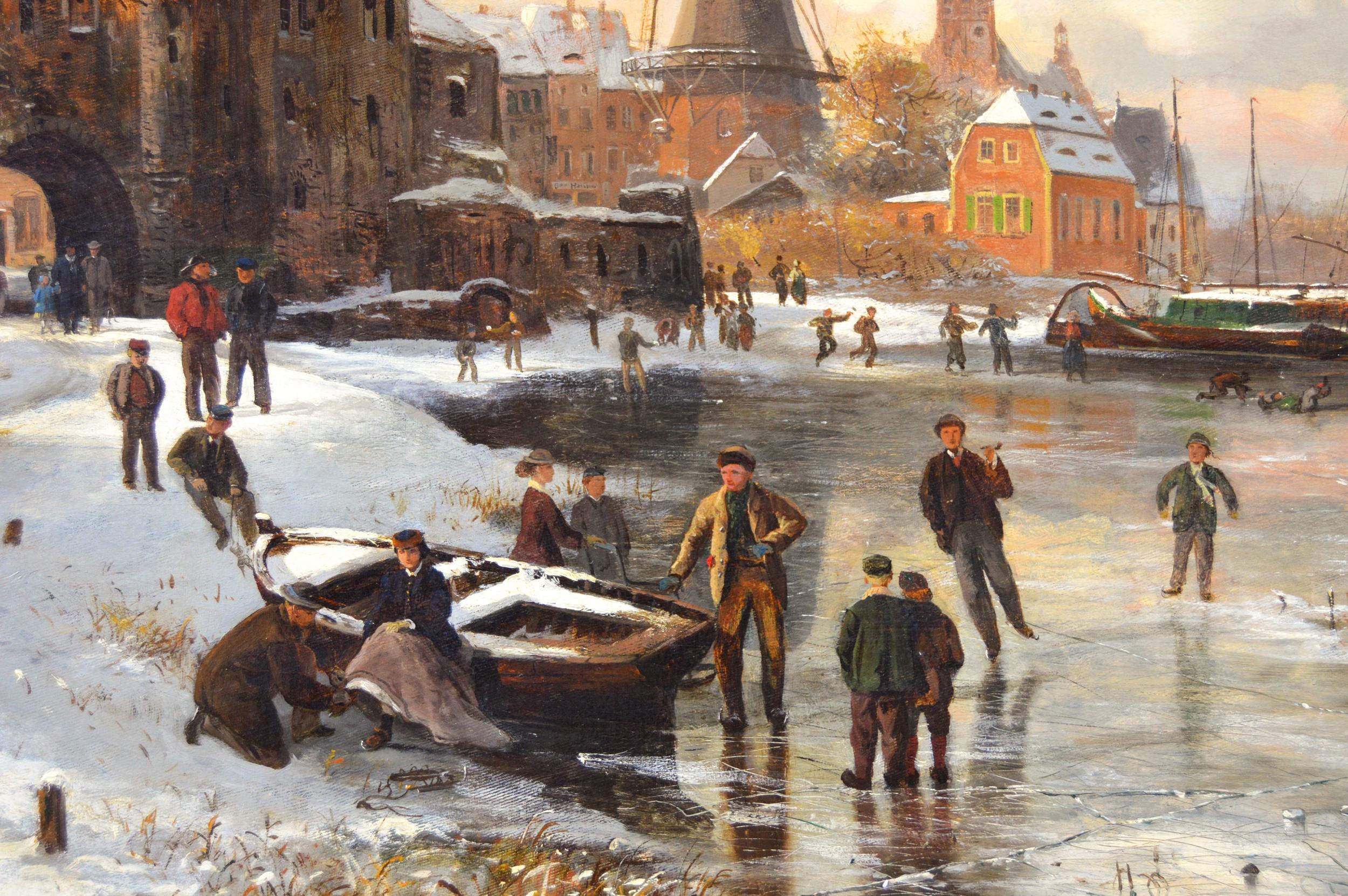 Winterlandschaft:: Ölgemälde aus dem 19. Jahrhundert:: Figuren beim Schlittschuhlaufen in einer Stadt (Beige), Landscape Painting, von Karl Paul Themistokles von Eckenbrecher