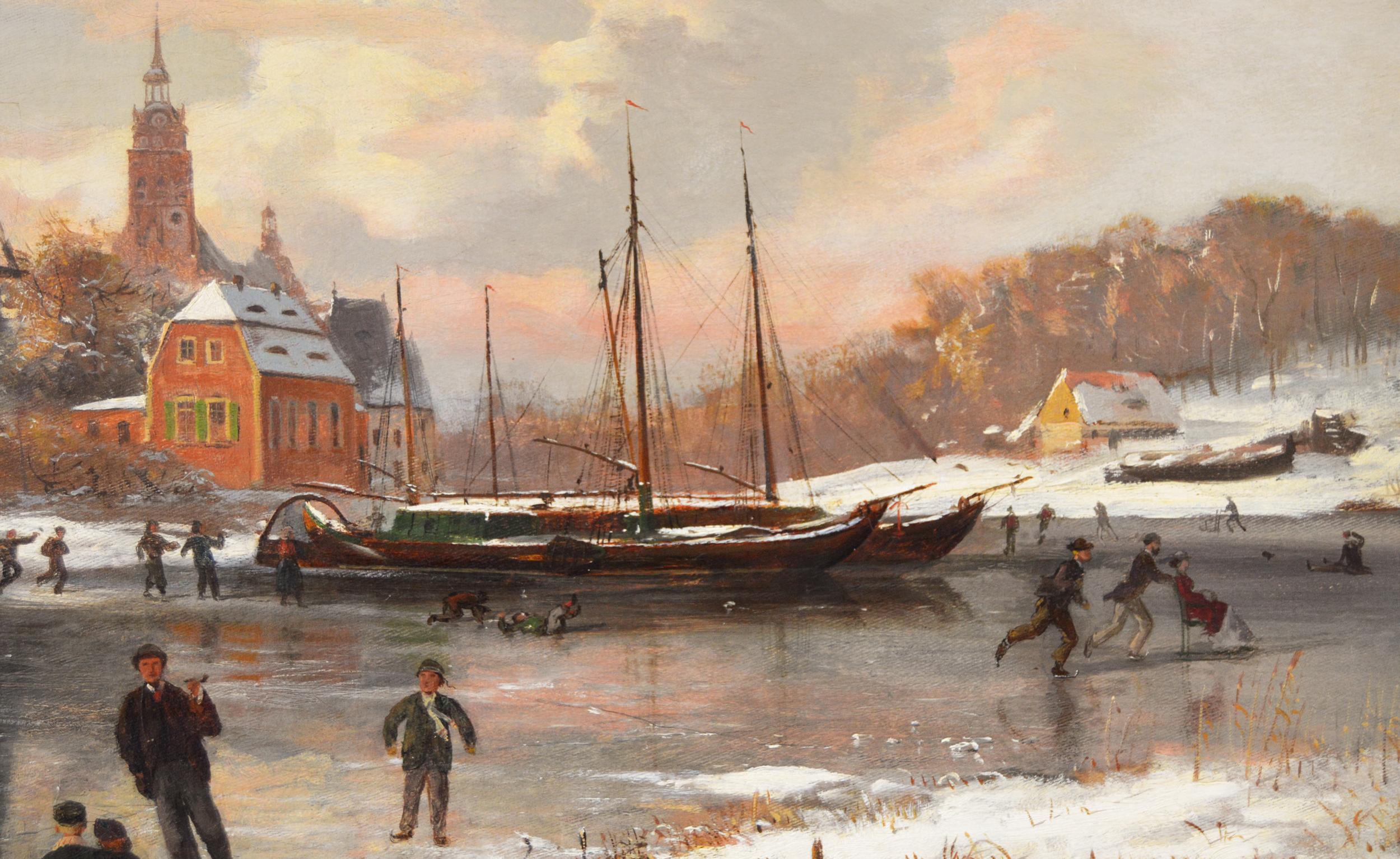 Karl Paul Themistokles von Eckenbrecher 
Deutsch:: (1842-1921) 
Schlittschuhlaufen durch eine Stadt 
Öl auf Leinwand:: signiert und datiert 1867 
Größe des Bildes: 28::5 Zoll x 45::5 Zoll 
Die Größe einschließlich Rahmen: 37 Zoll x 54 Zoll