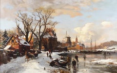 19th Century winter landscape oil painting of figures skating by a town