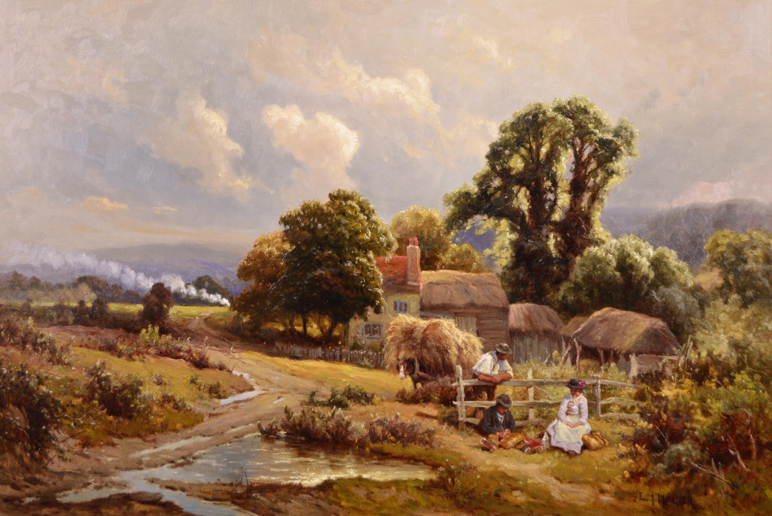 19th Century landscape oil painting of figures by a cottage - Painting by Edward Henry Holder
