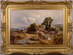 19th Century landscape oil painting of figures by a cottage