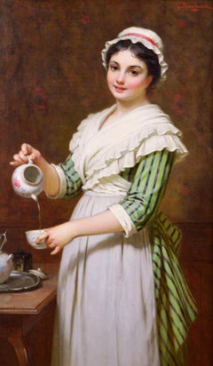 19th Century genre oil painting of a young woman pouring tea