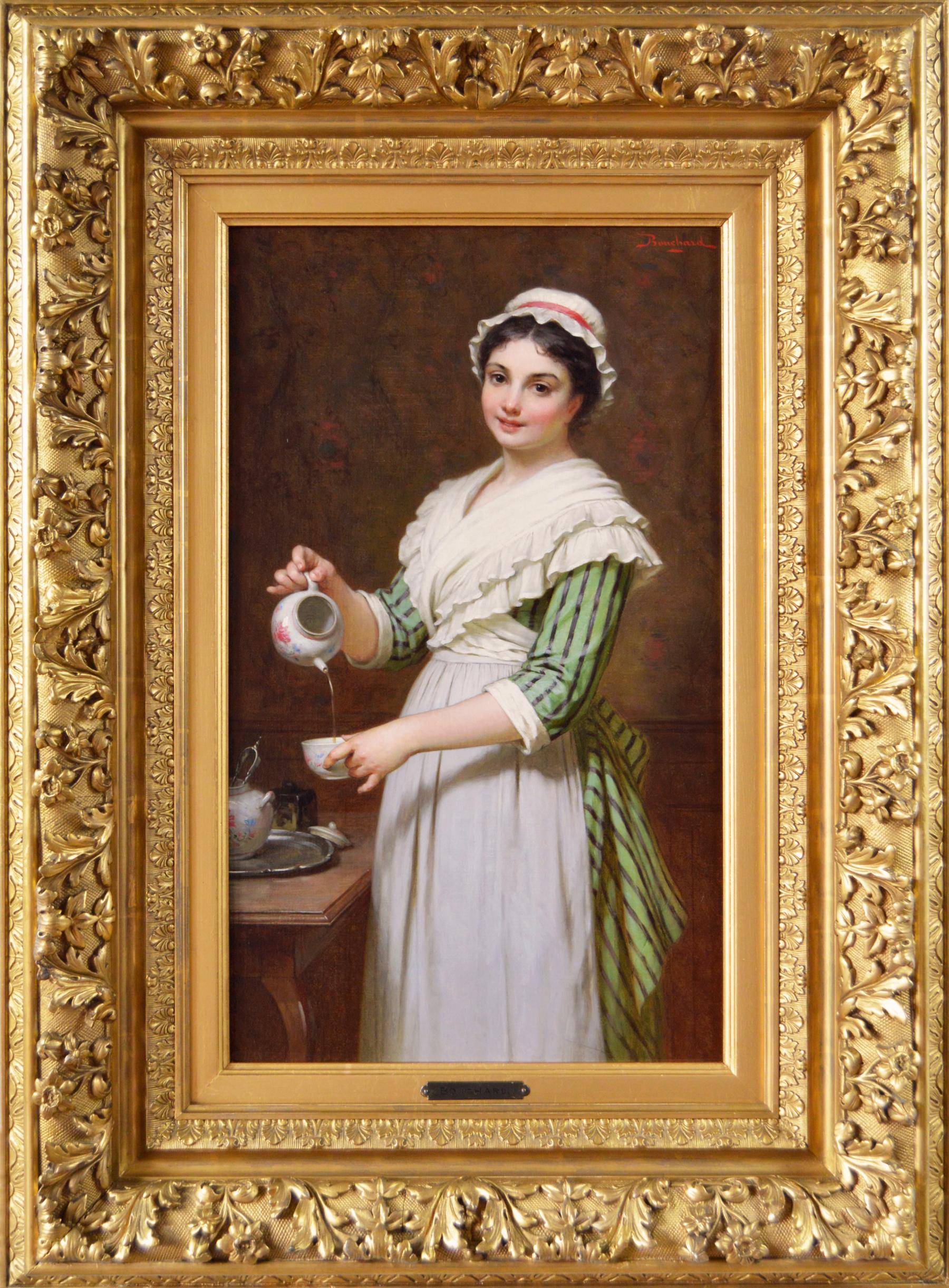 19th Century genre oil painting of a young woman pouring tea 