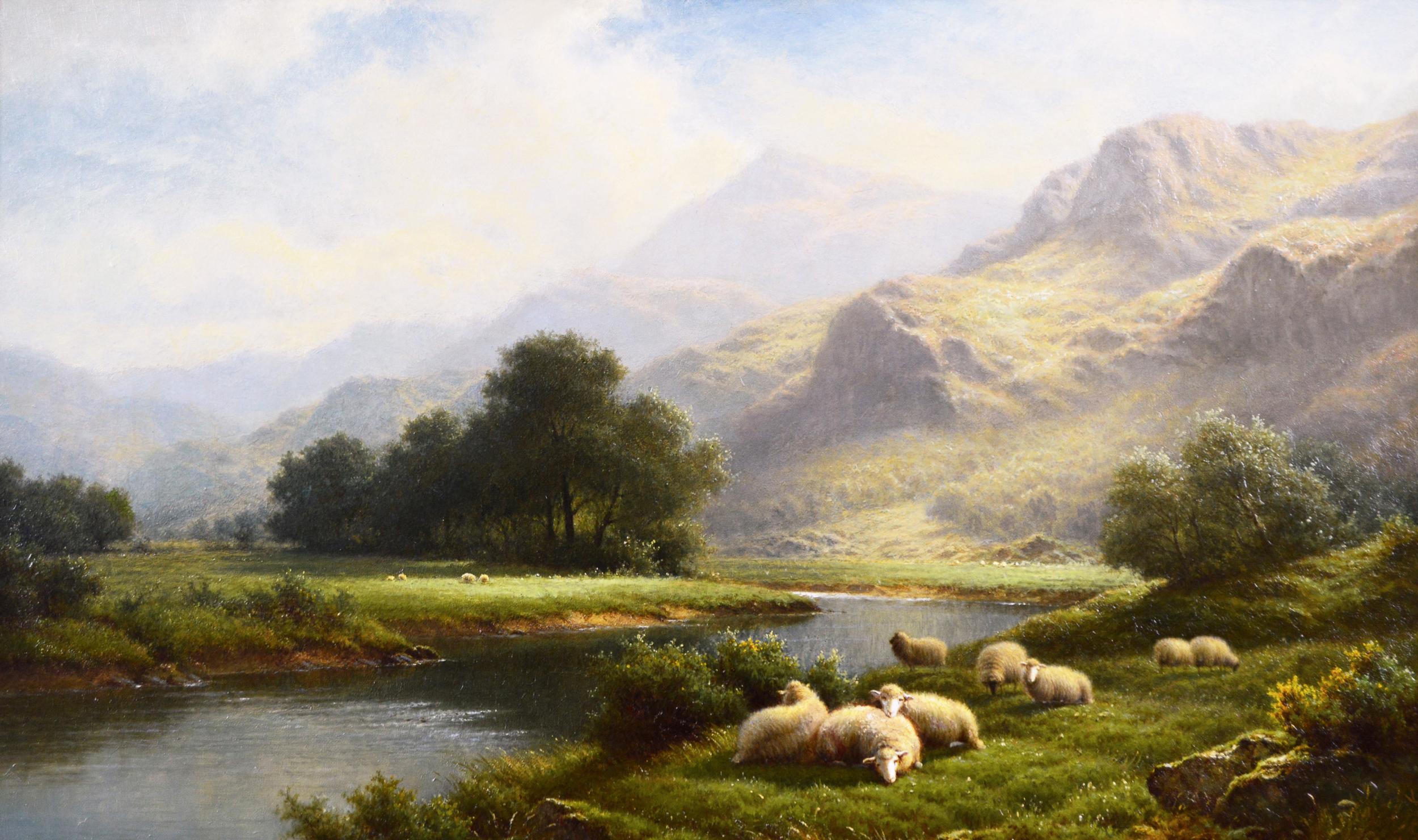 Welsh landscape oil painting of sheep near a river  - Painting by Walter J Watson