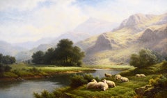 Welsh landscape oil painting of sheep near a river