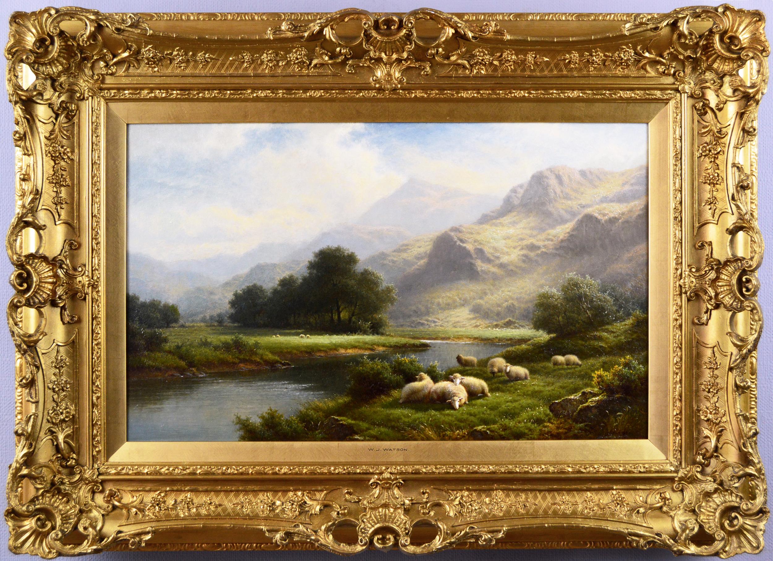 Walter J Watson Landscape Painting - Welsh landscape oil painting of sheep near a river 