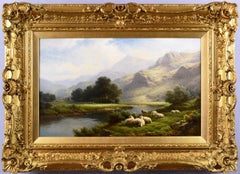 Welsh landscape oil painting of sheep near a river