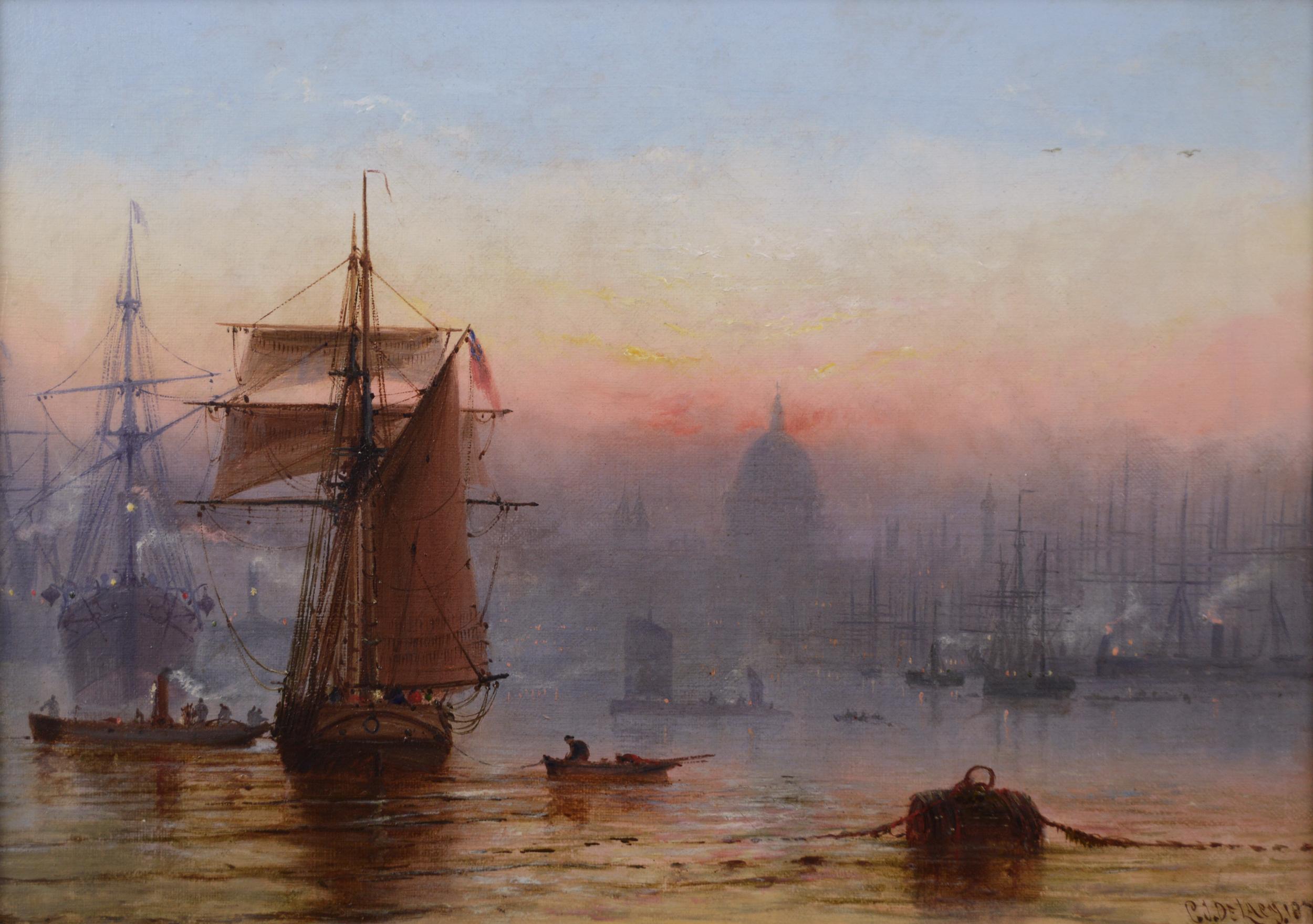19th Century marine oil painting of shipping on the Thames  - Painting by Charles John de Lacy