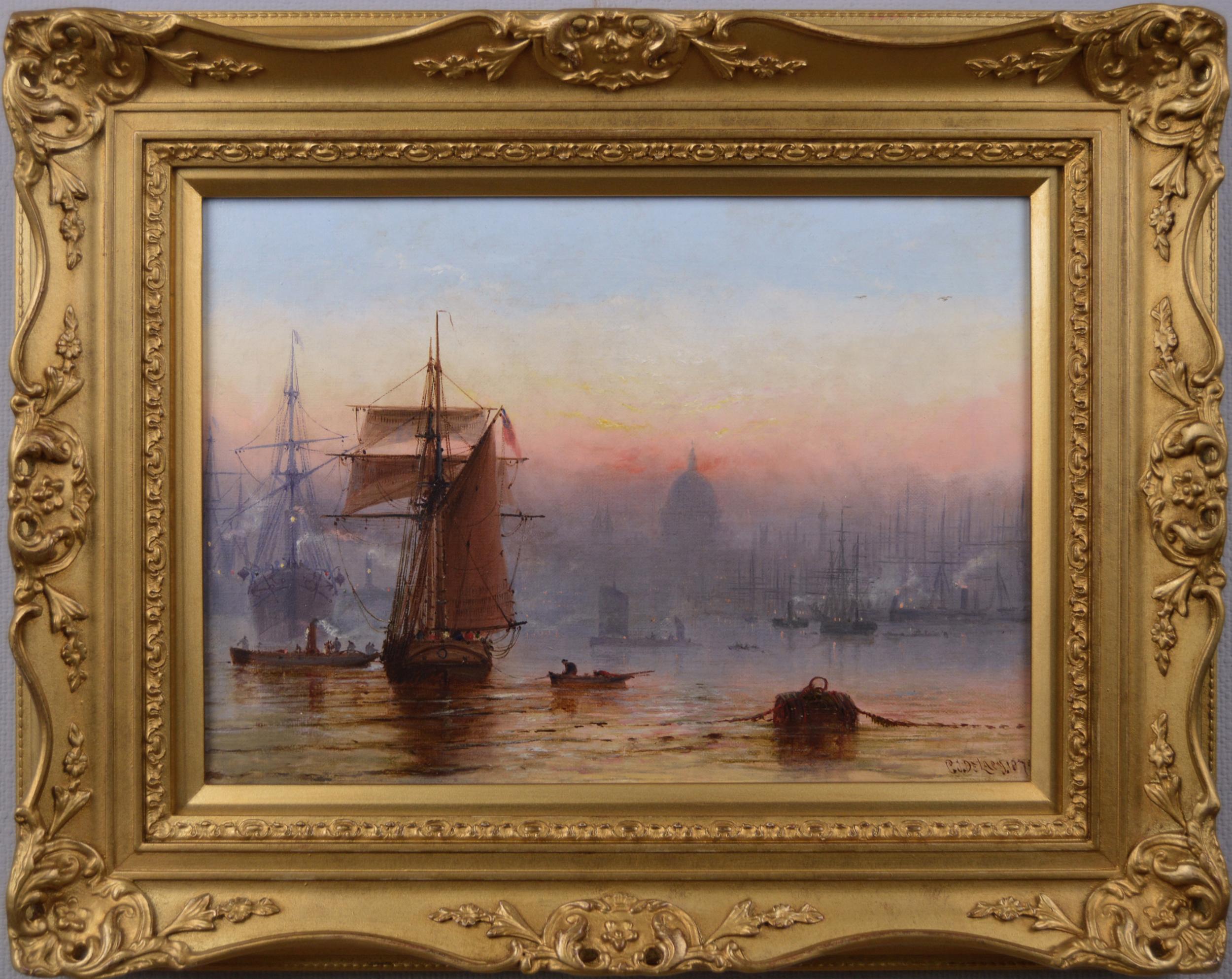 Charles John de Lacy Landscape Painting - 19th Century marine oil painting of shipping on the Thames 