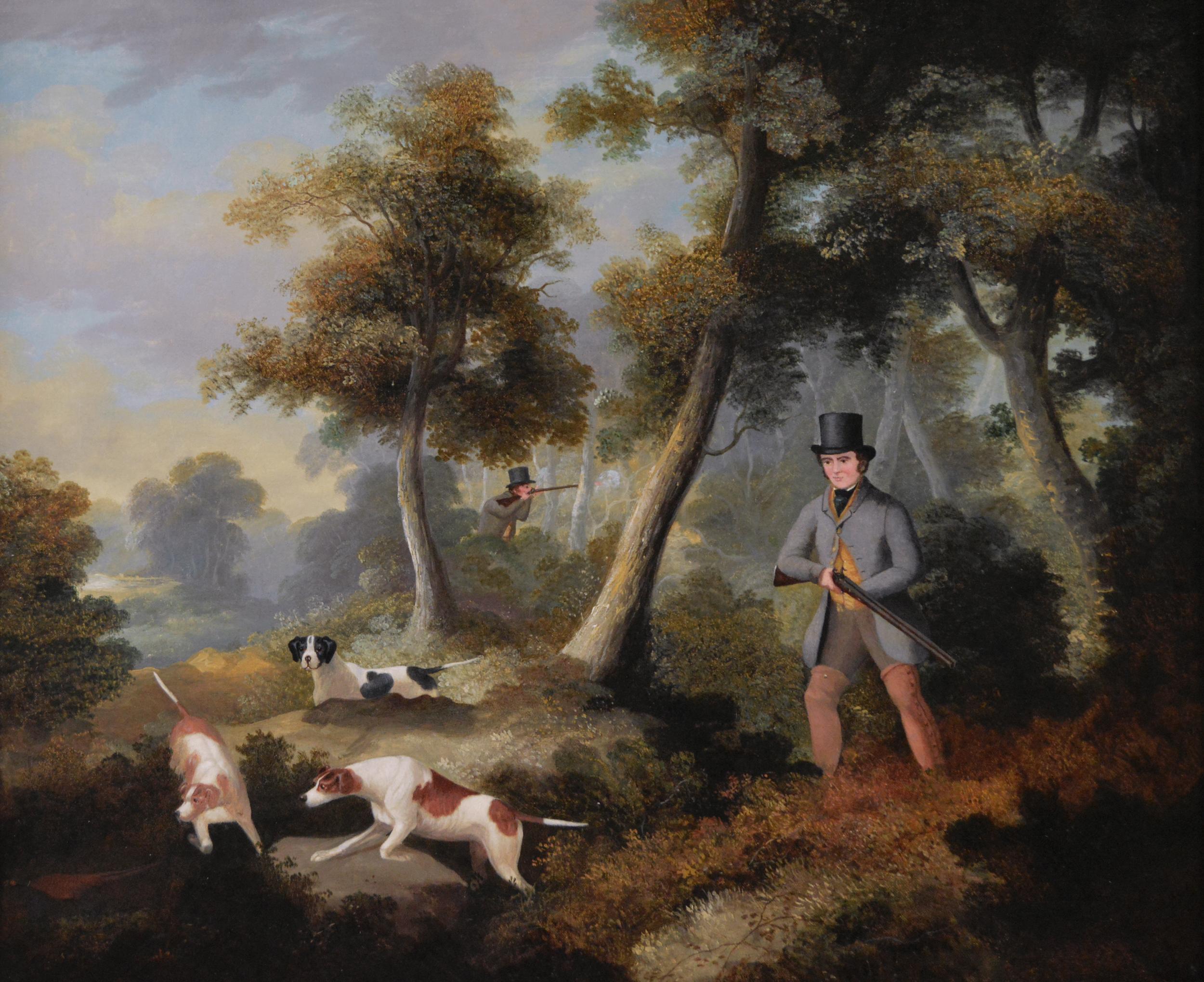 Early 19th Century sporting oil painting of a shooting scene with dogs - Painting by William Jones