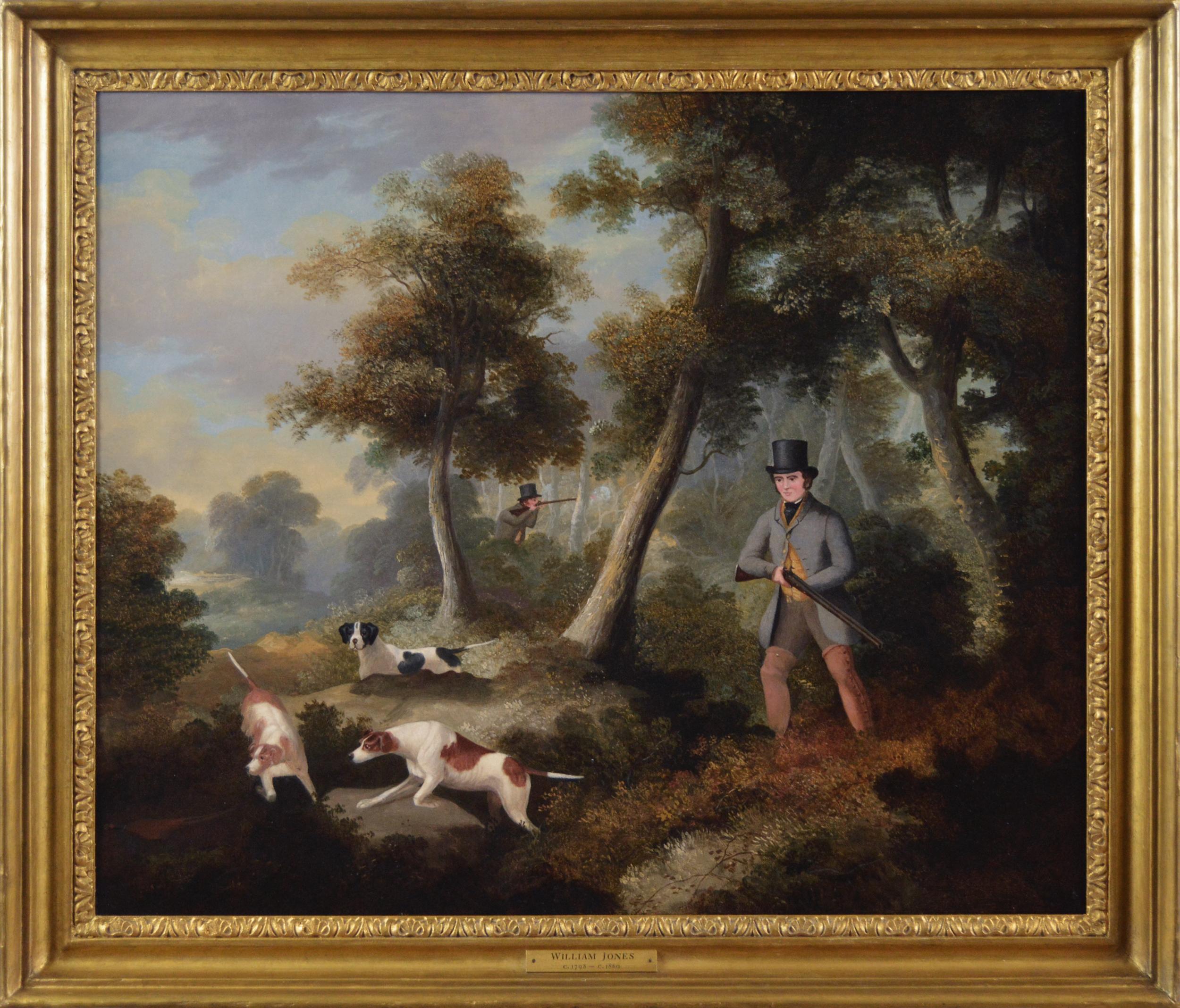 William Jones Landscape Painting - Early 19th Century sporting oil painting of a shooting scene with dogs