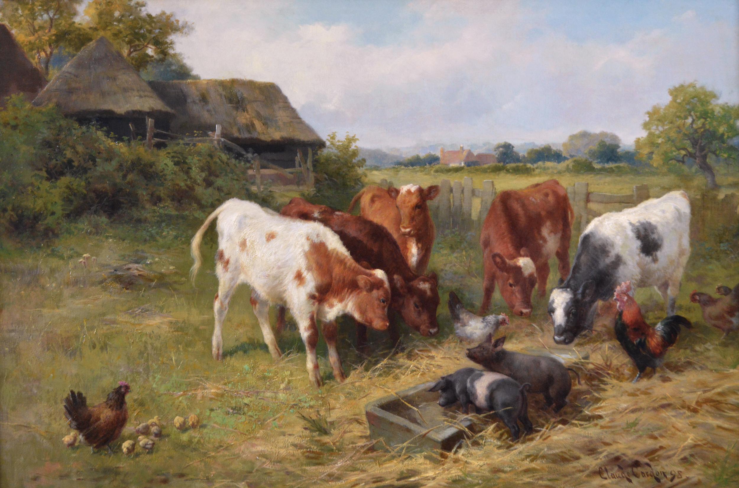 19th Century landscape animal oil painting of calves, piglets & chickens - Painting by Claude Cardon