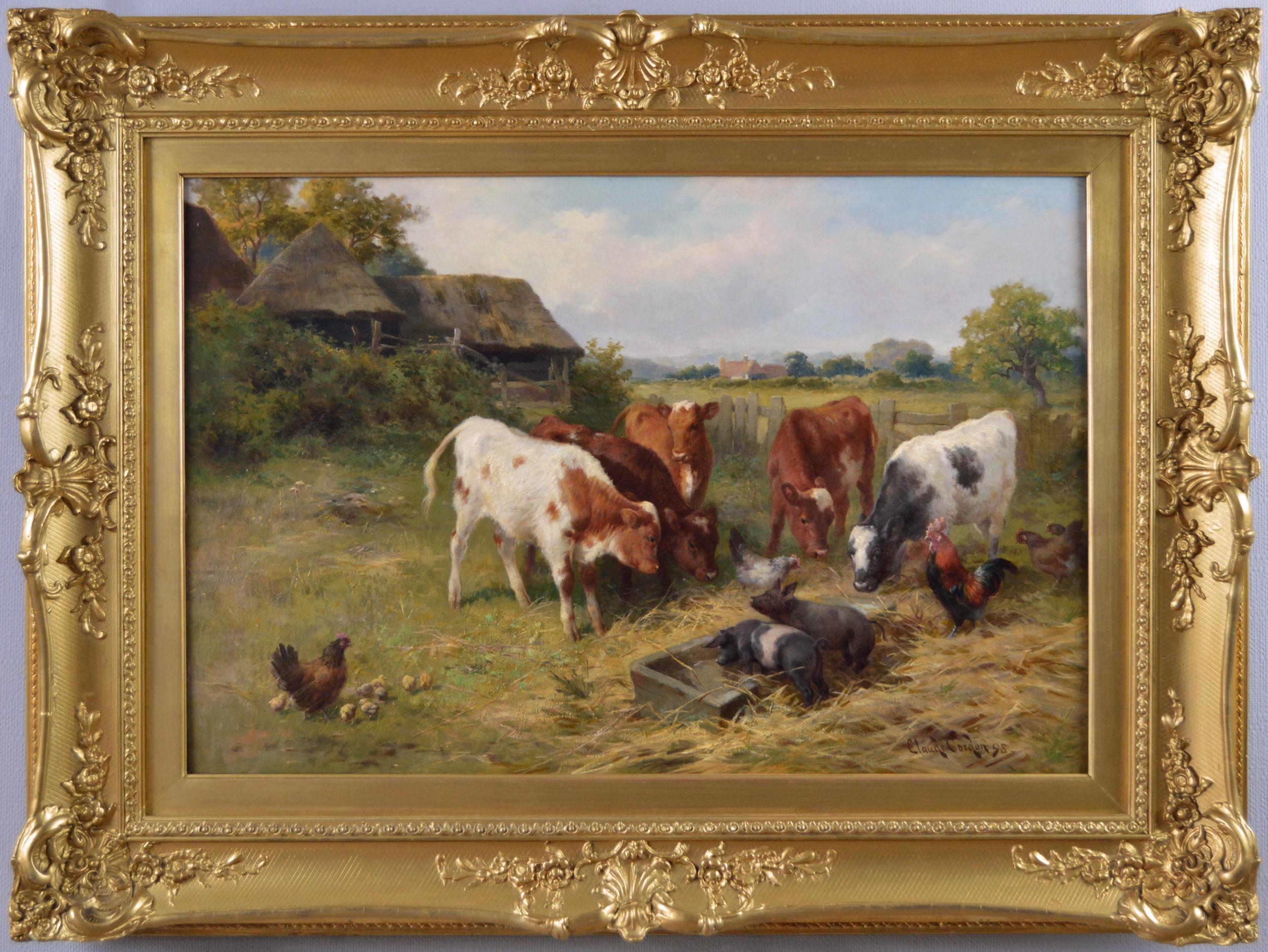 Claude Cardon Animal Painting - 19th Century landscape animal oil painting of calves, piglets & chickens