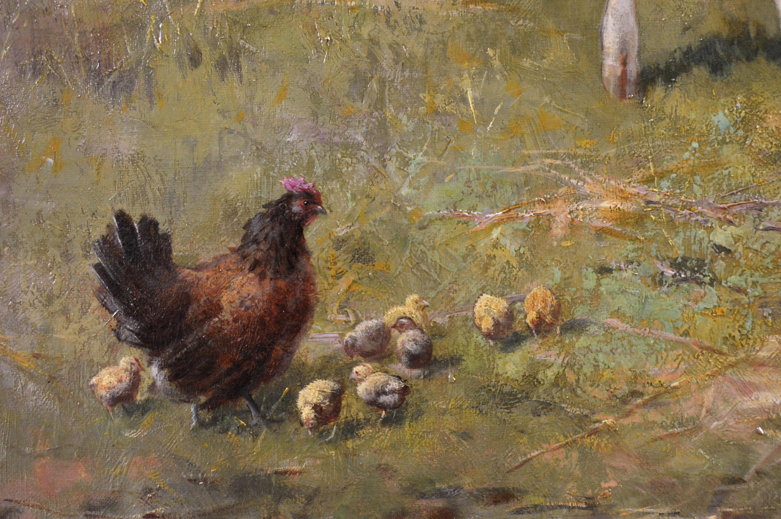 19th Century landscape animal oil painting of calves, piglets & chickens - Victorian Painting by Claude Cardon