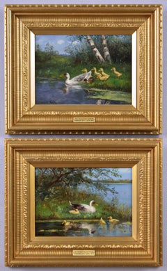 Pair of landscape oil paintings of ducks & ducklings by a river 